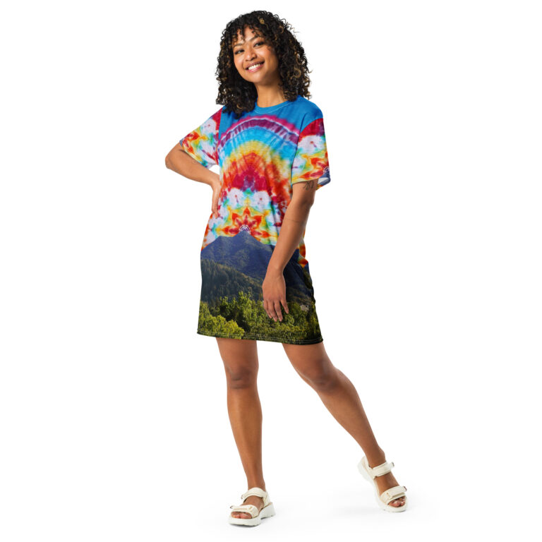 All-over-print-t-shirt-dress-white-front on model 3 Tie Dye Mt Tamalpais Sky