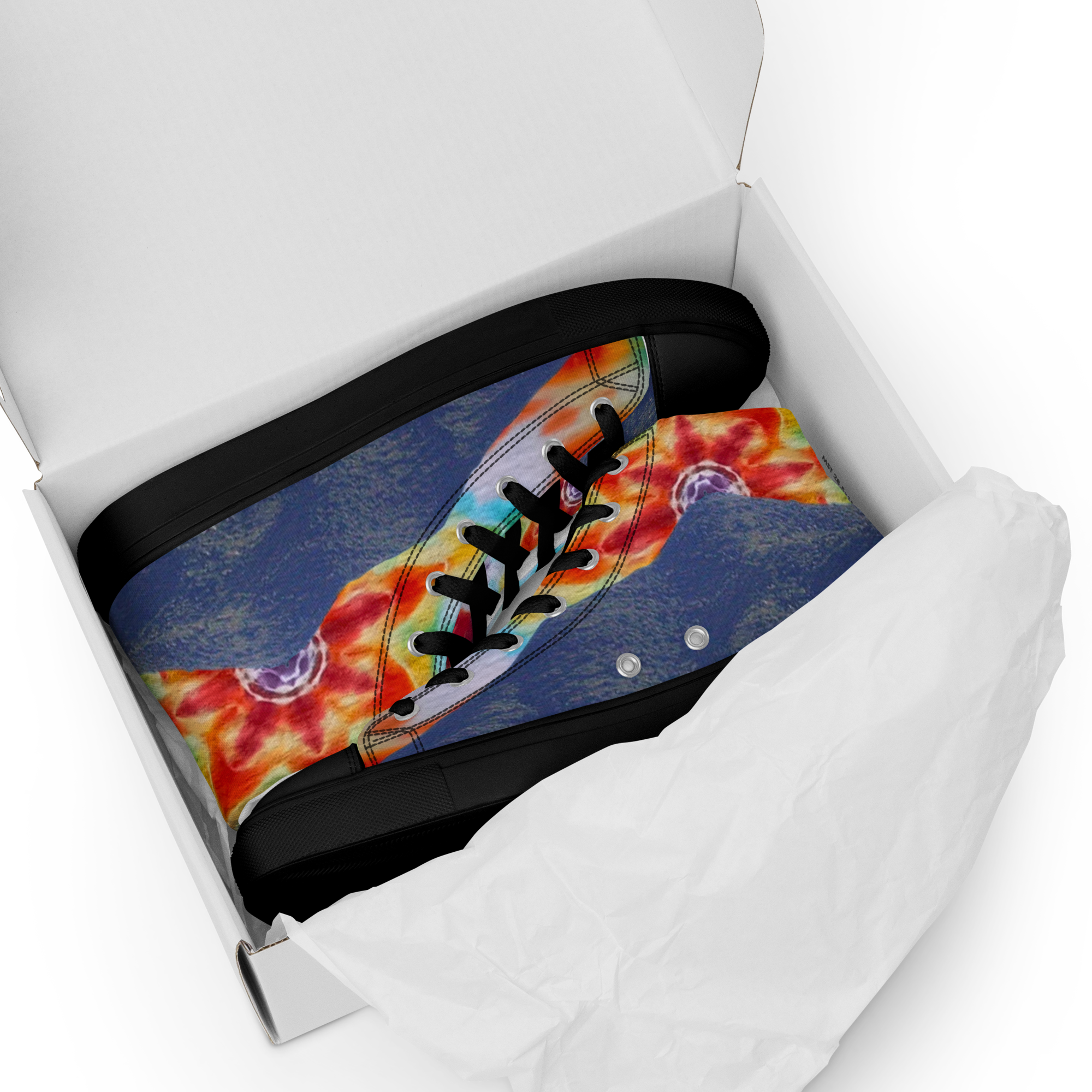 Men’s high top canvas shoes Tie Dye Mt Tamalpais Sky Design - Image 17