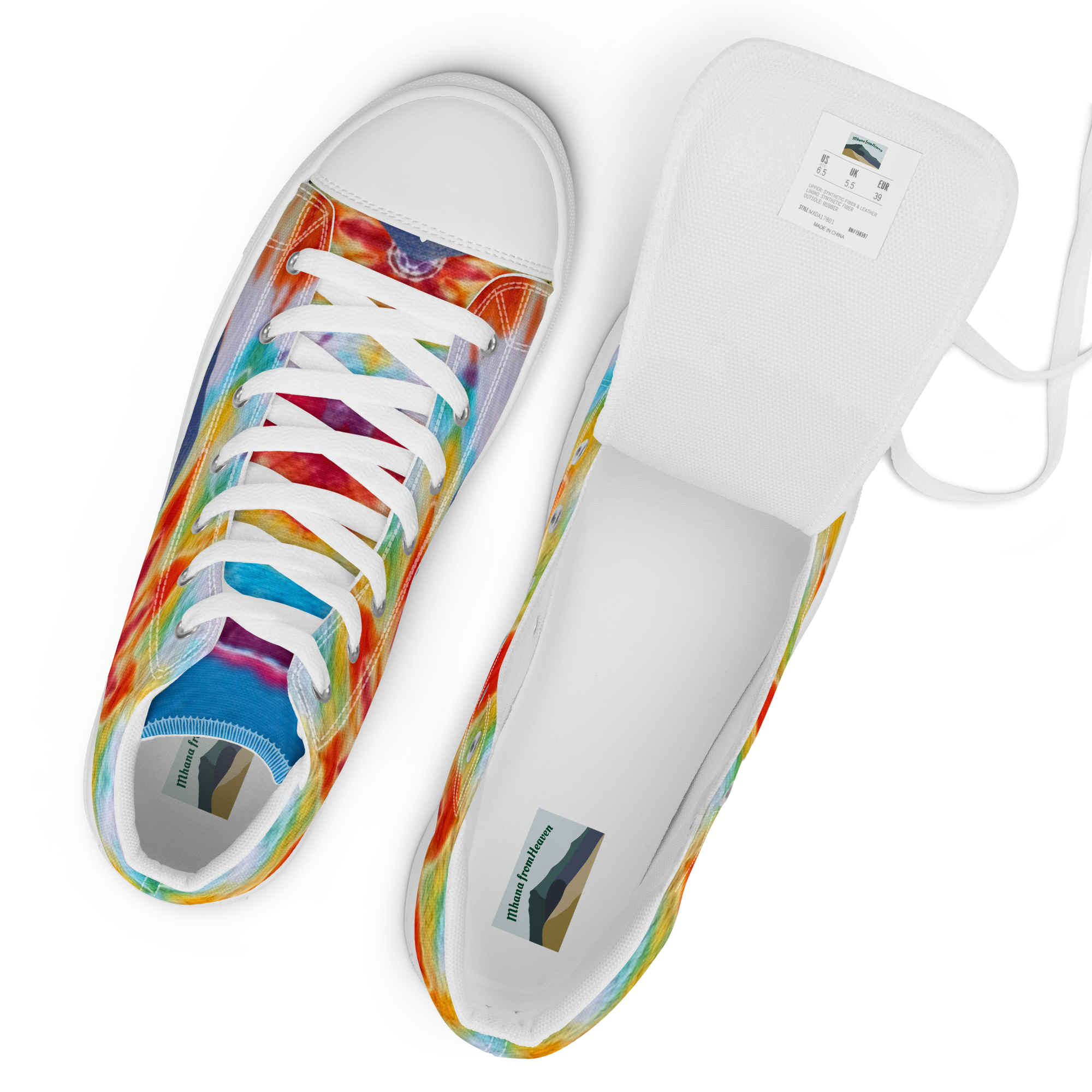 Men’s high top canvas shoes Tie Dye Mt Tamalpais Sky Design - Image 13