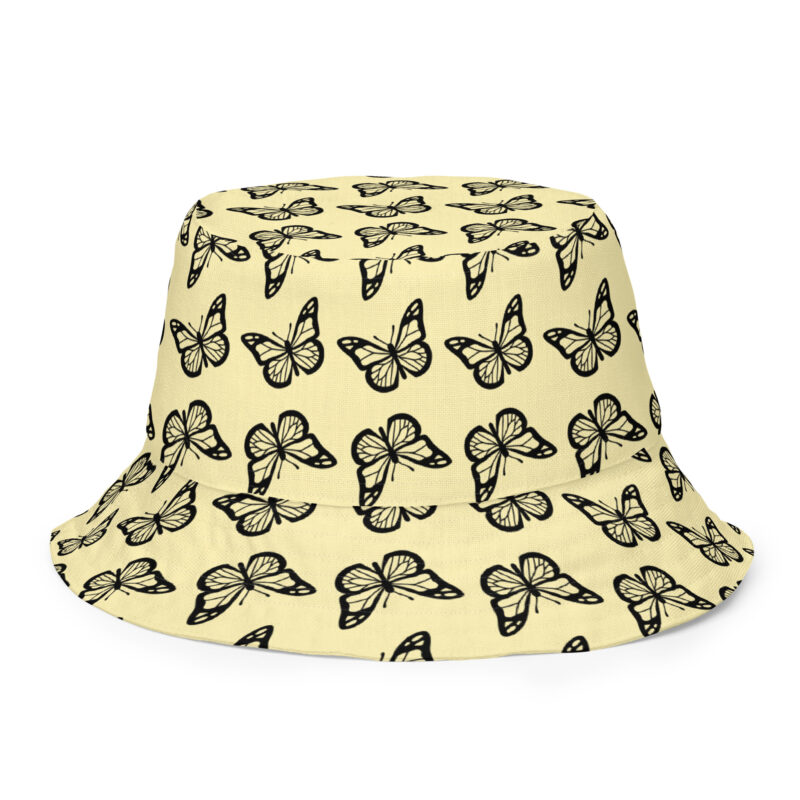 Reversible bucket hat Pink Butterflies Yellow Inside