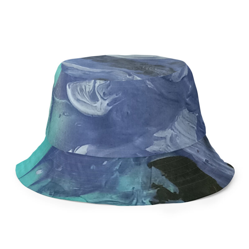 Reversible bucket hat Swirls of Blue Aqua Gray Purple White Black Paint