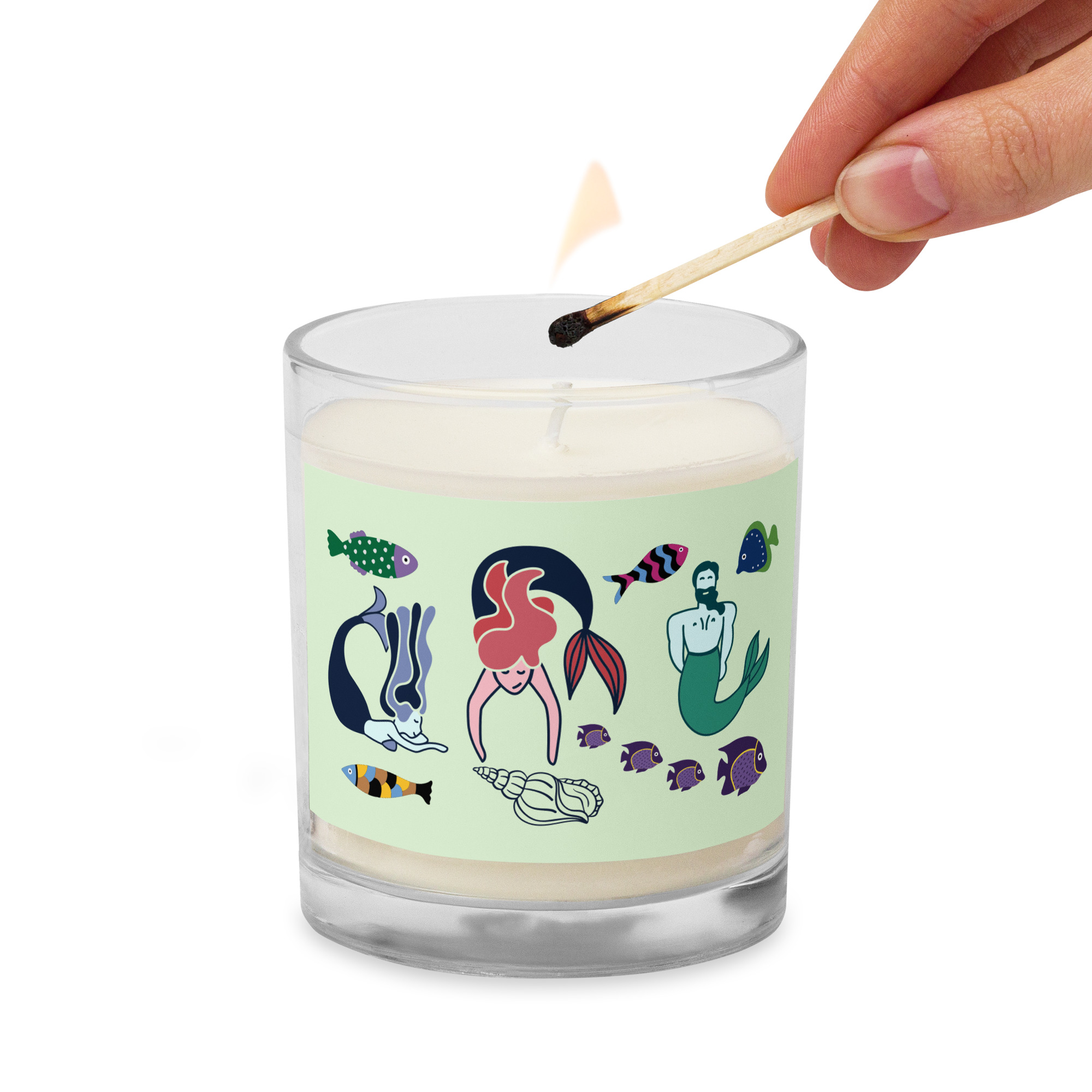 Glass jar soy wax candle 3 Little Mermaids and Fish Design - Image 2