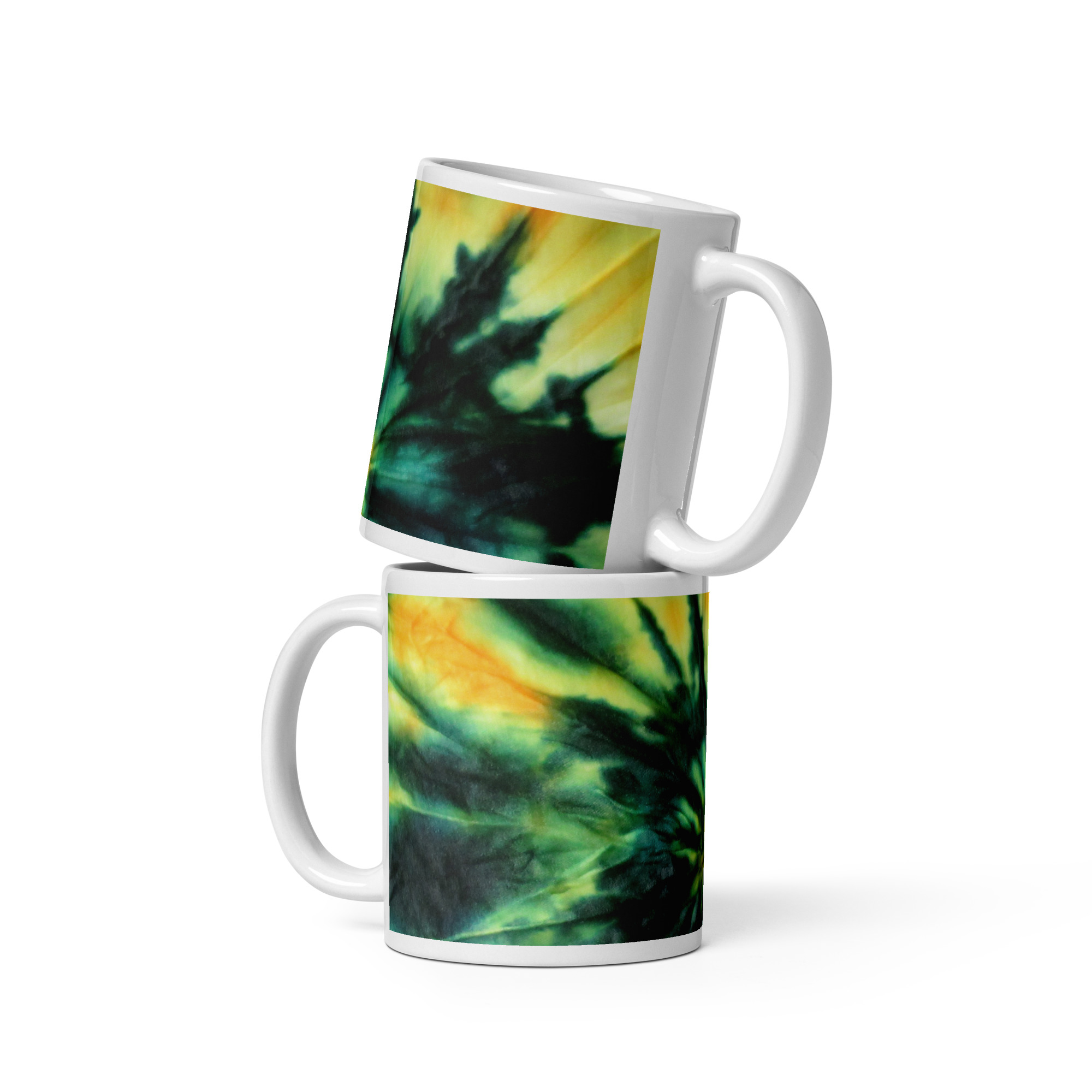 White glossy mug Tie-Dye Blue Green Yellow Design - Image 2