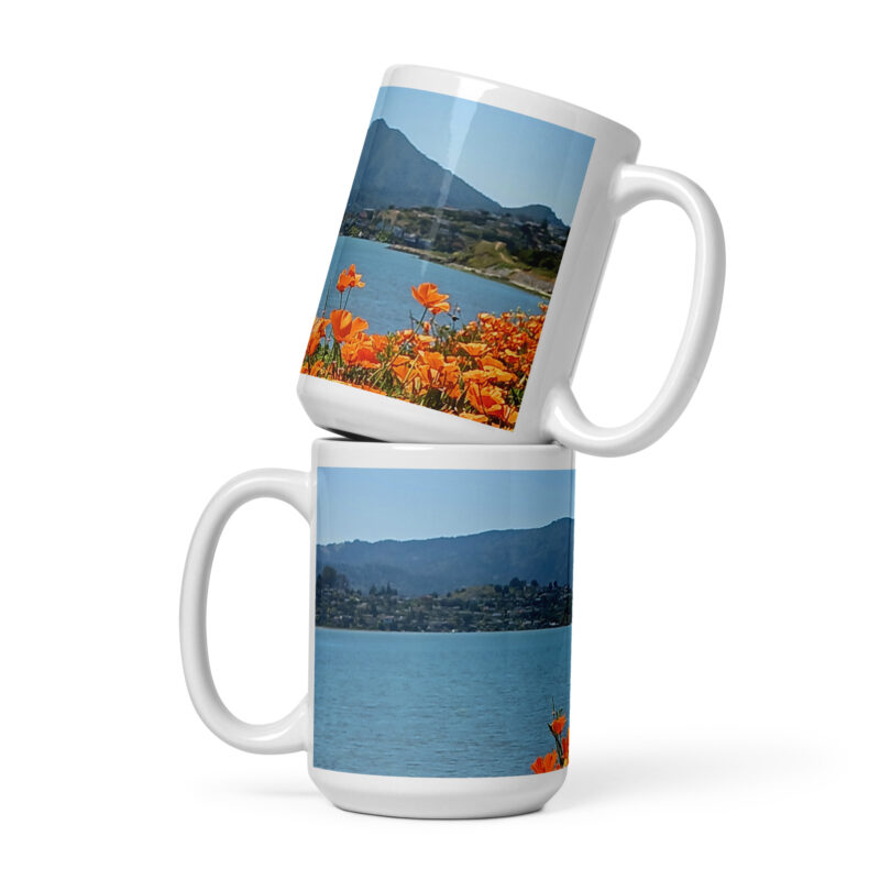 White glossy mug Mt Tamalpais California Poppies