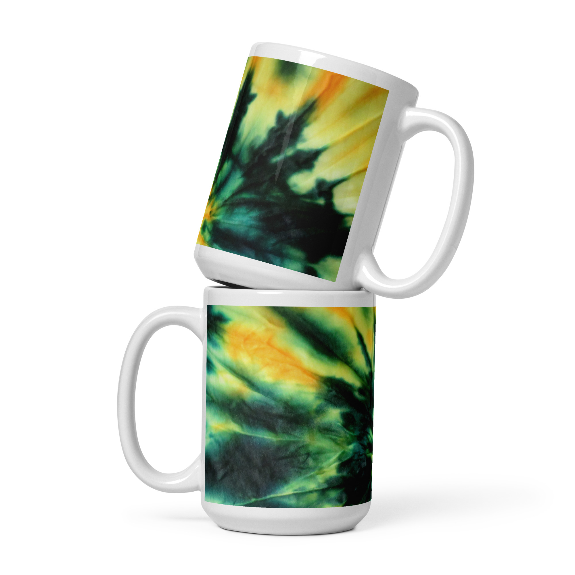 White glossy mug Tie-Dye Blue Green Yellow Design