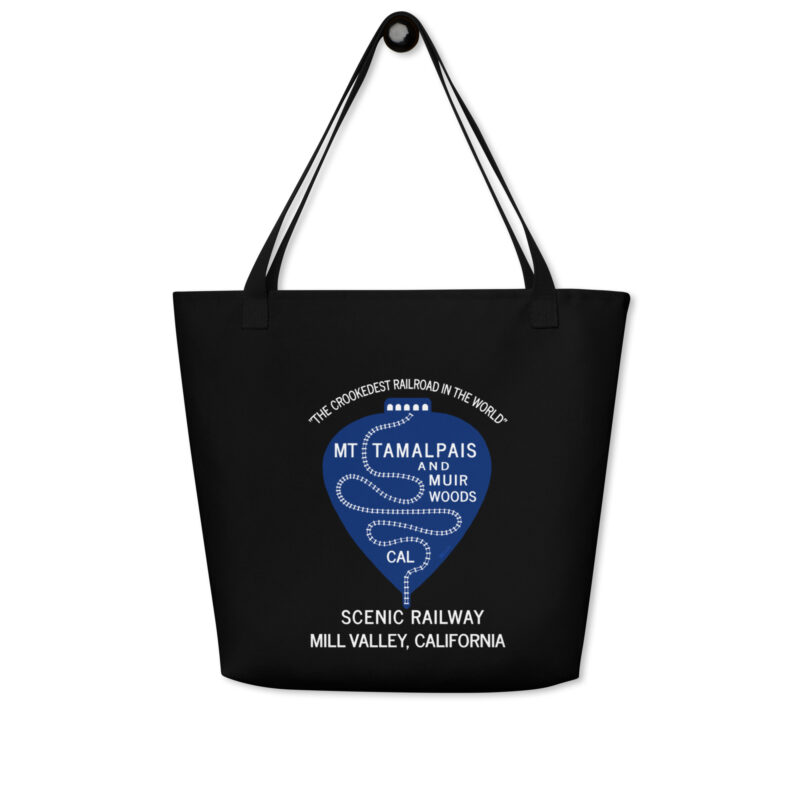 All-Over Print Large Tote Bag 1911 Crookedest Railroad Mt Tamalpais and Muir Woods CA White Text