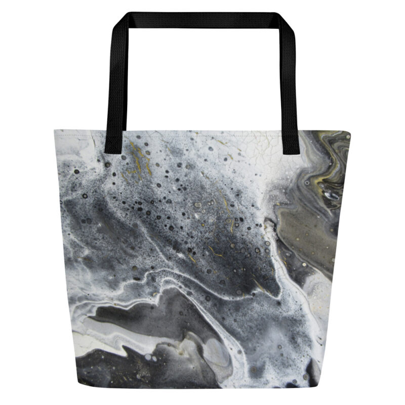 All-Over Print Large Tote Bag Black White Gold Paint Pour Design KT