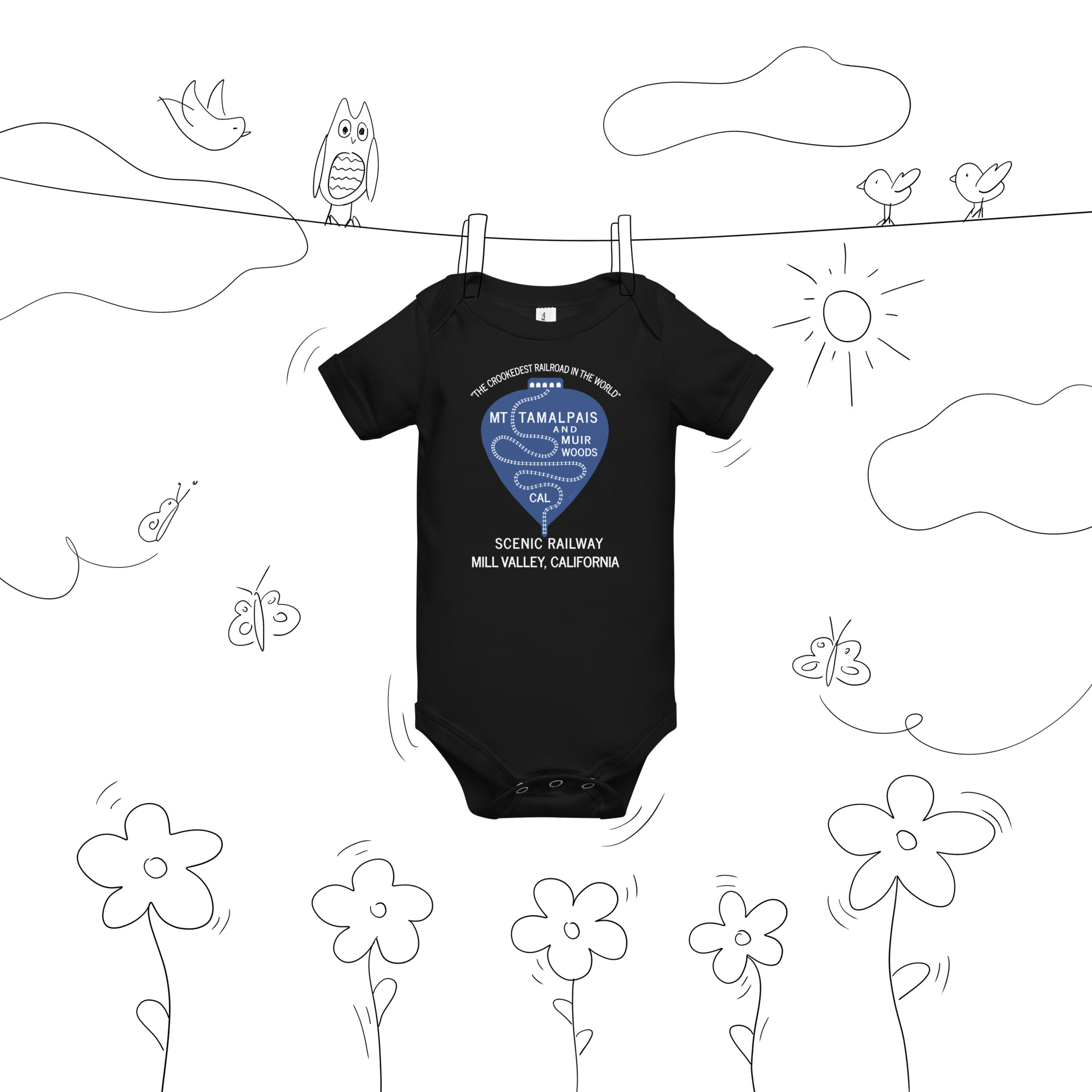 Baby short sleeve one piece 1911 Crookedest Railroad Mt Tamalpais and Muir Woods Ca White Text