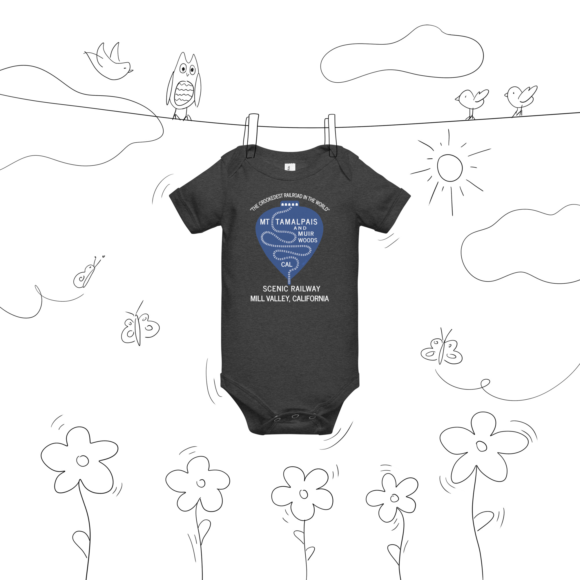 Baby short sleeve one piece 1911 Crookedest Railroad Mt Tamalpais and Muir Woods Ca White Text - Image 2