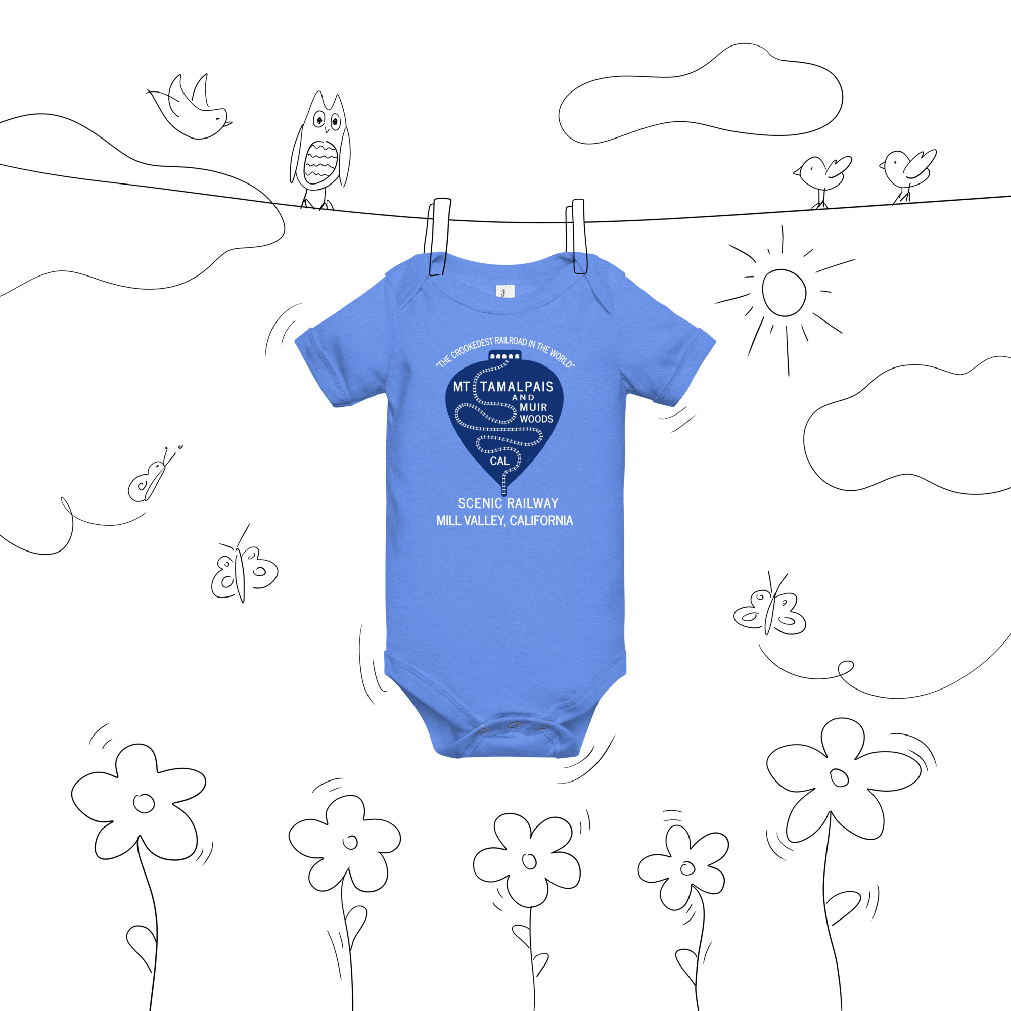 Baby short sleeve one piece 1911 Crookedest Railroad Mt Tamalpais and Muir Woods Ca White Text - Image 3