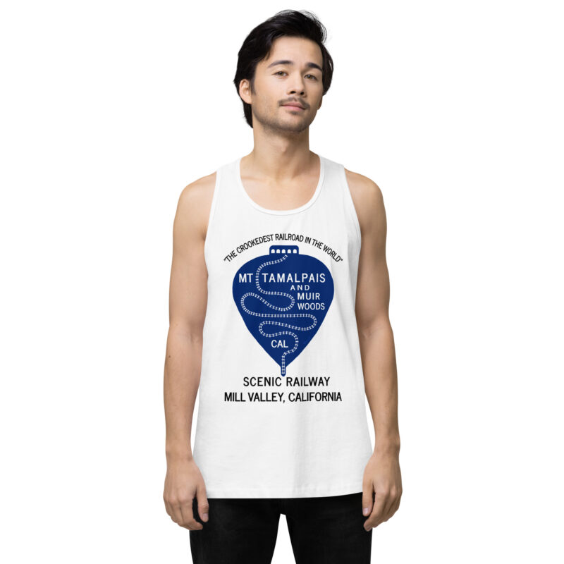 Menās premium tank top 1911 Crookedest Railroad Mt Tamalpais Muir Woods CA Black Text