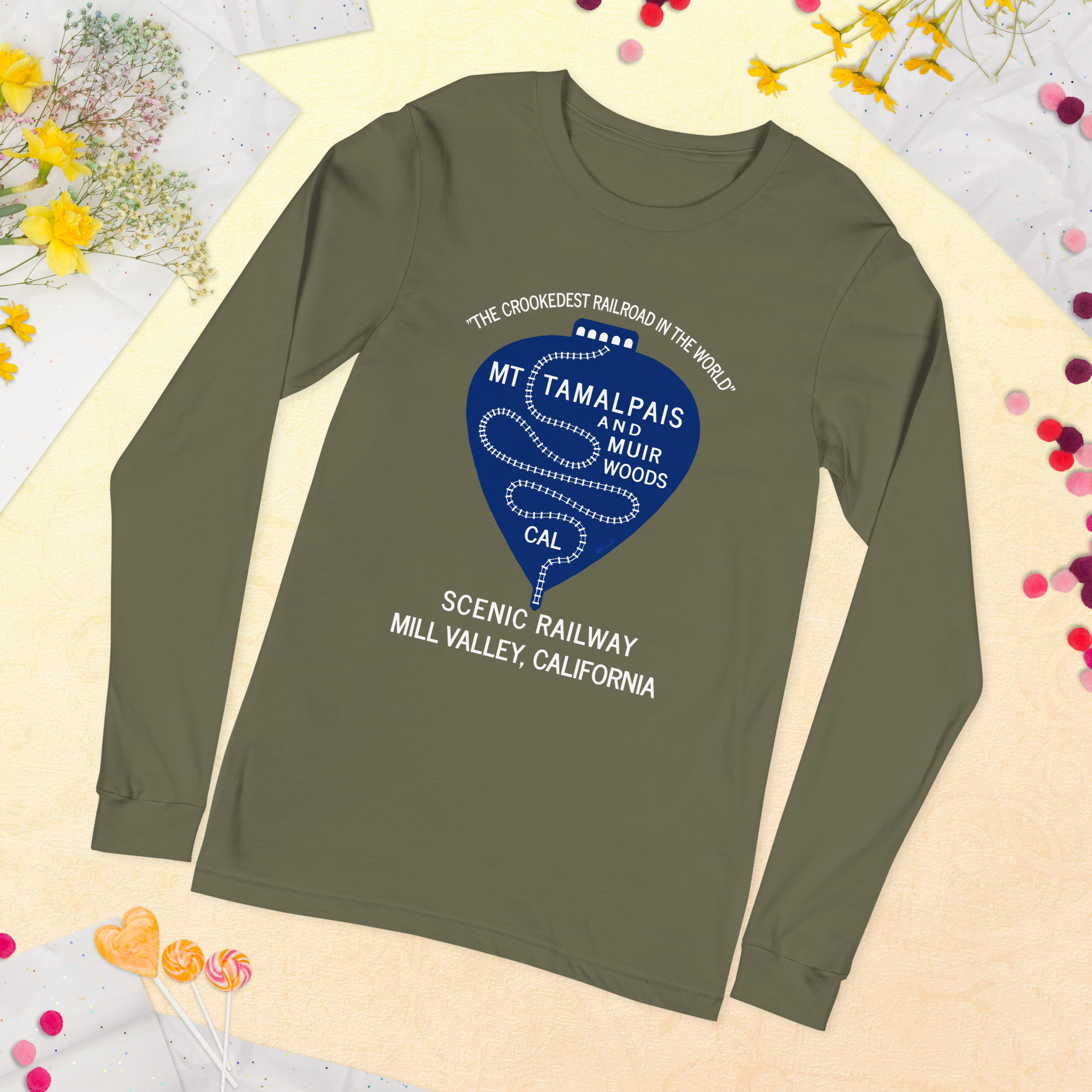 Unisex Long Sleeve Tee 1911 Crookedest Railroad Mt Tamalpais Muir Woods CA White Text - Image 9