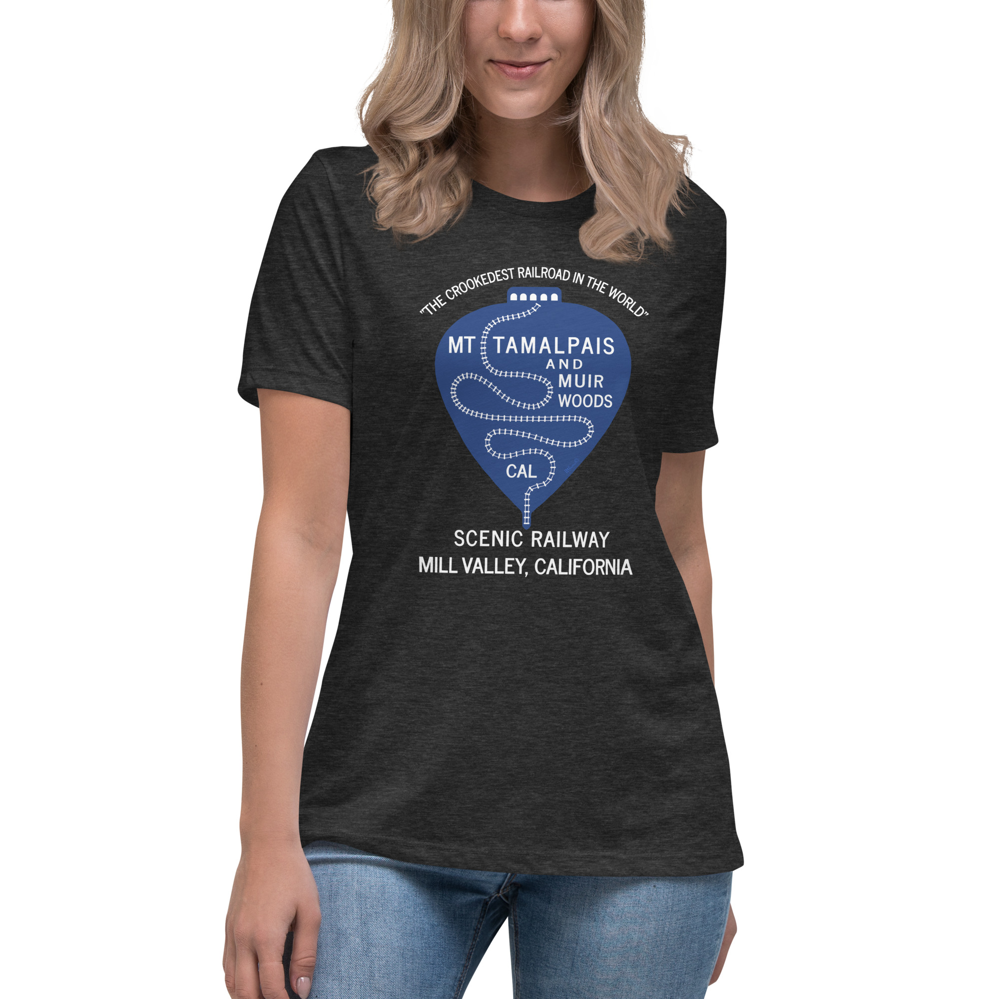Women's Relaxed T-Shirt 1911 Crookedest Railroad Mt Tamalpais and Muir Woods CA White Text - Image 3