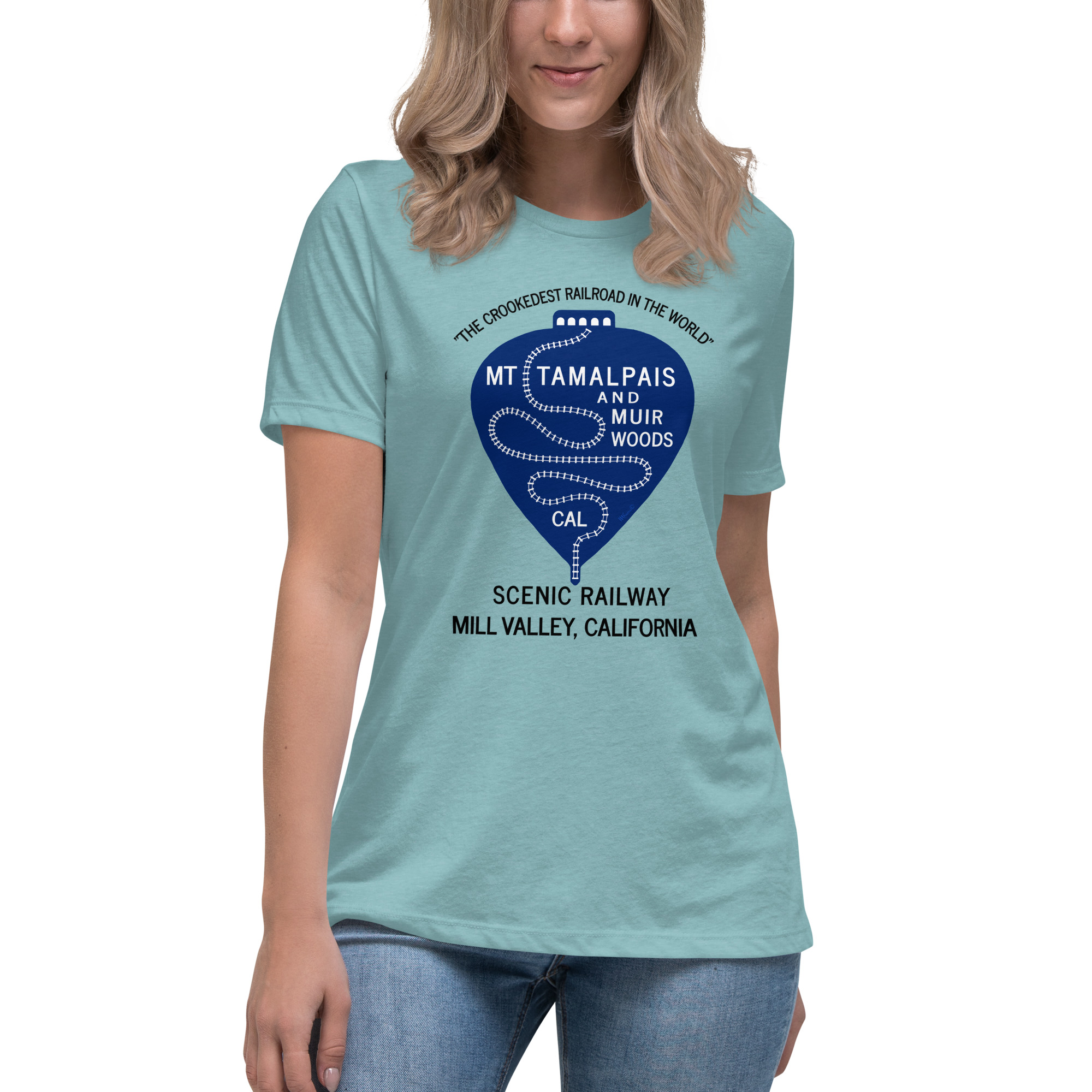 Women's Relaxed T-Shirt 1911 Crookedest Railroad Mt Tamalpais and Muir Woods CA Black Text - Image 3