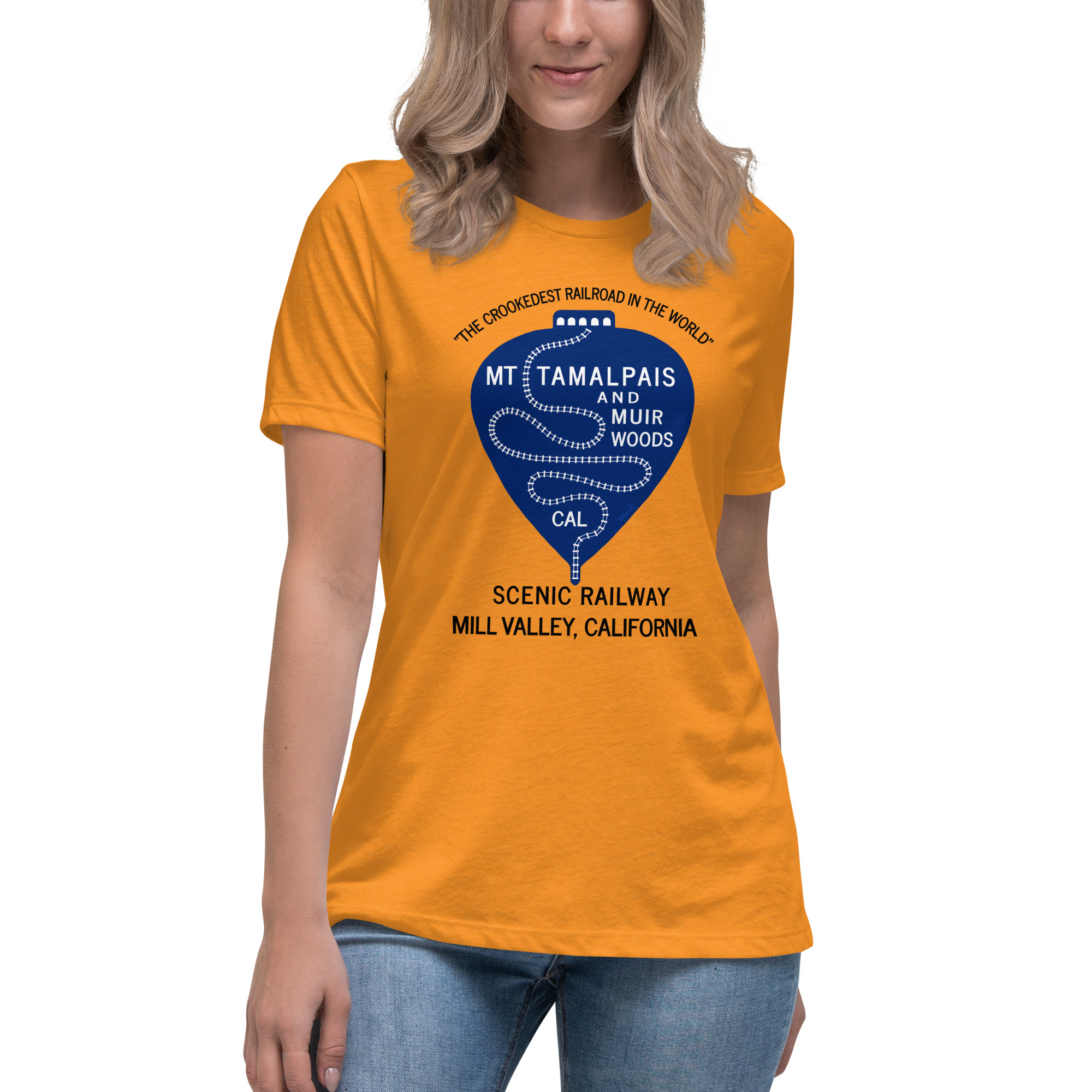 Women's Relaxed T-Shirt 1911 Crookedest Railroad Mt Tamalpais and Muir Woods CA Black Text - Image 2