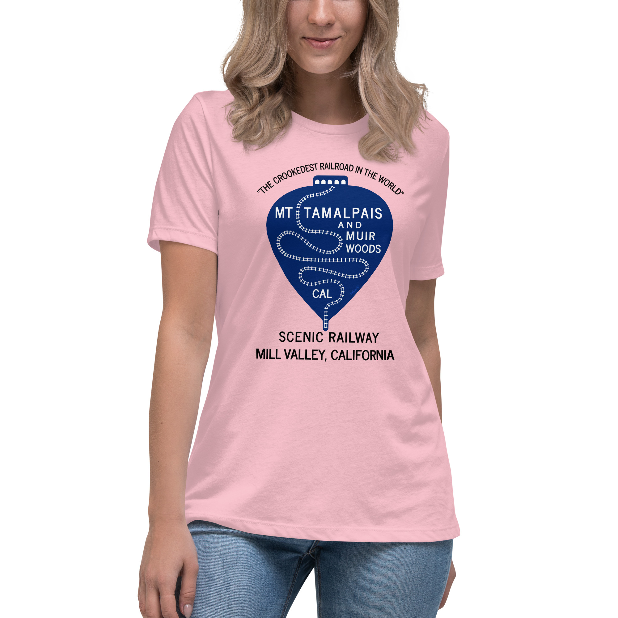 Women's Relaxed T-Shirt 1911 Crookedest Railroad Mt Tamalpais and Muir Woods CA Black Text - Image 6