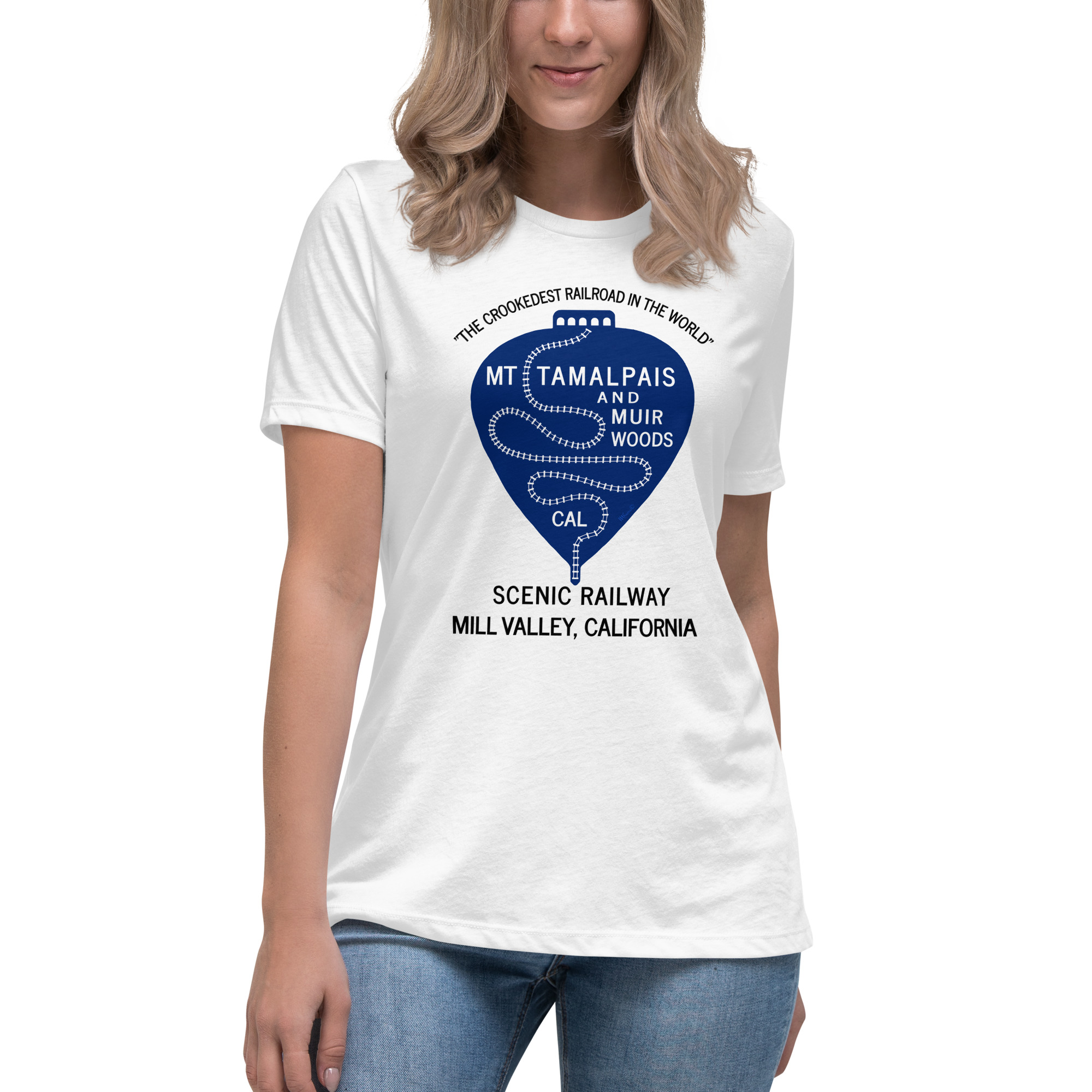 Women's Relaxed T-Shirt 1911 Crookedest Railroad Mt Tamalpais and Muir Woods CA Black Text - Image 8