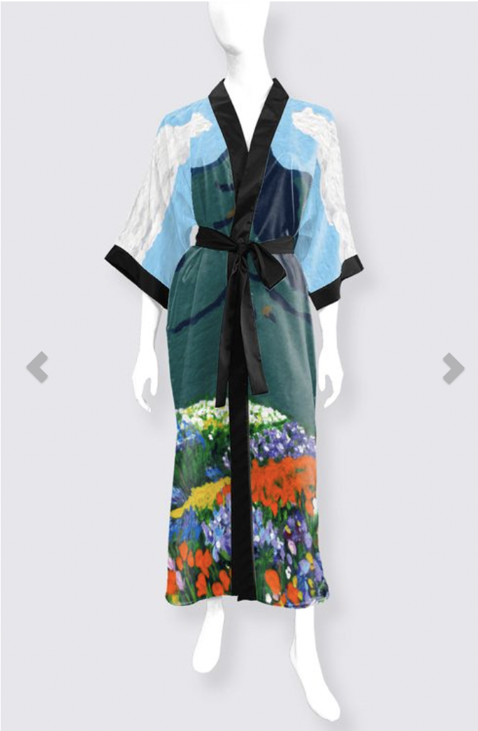 Mt Tamalpais Flower Meadow Painting Long Satin Kimono Robe