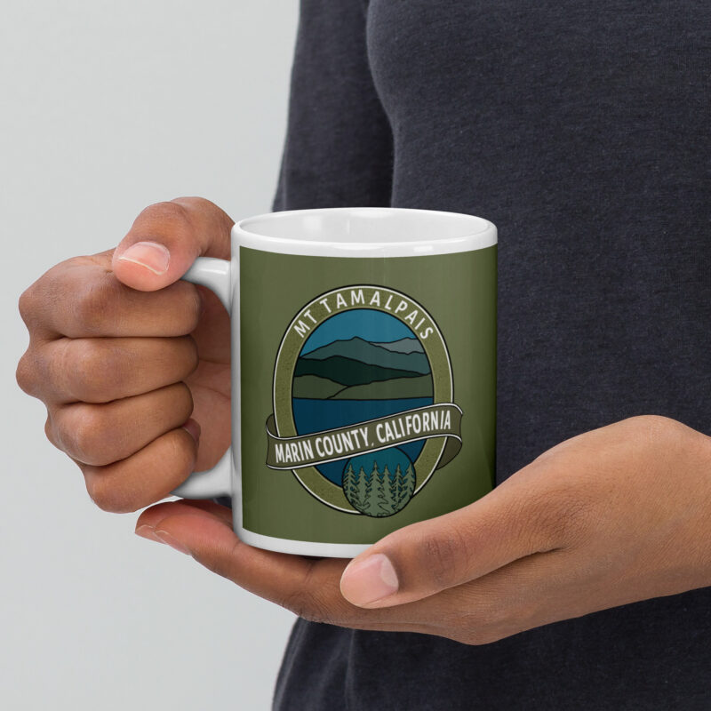 White glossy mug Mt Tamalpais Marin County California Oval Souvenir Design Green - 11 oz