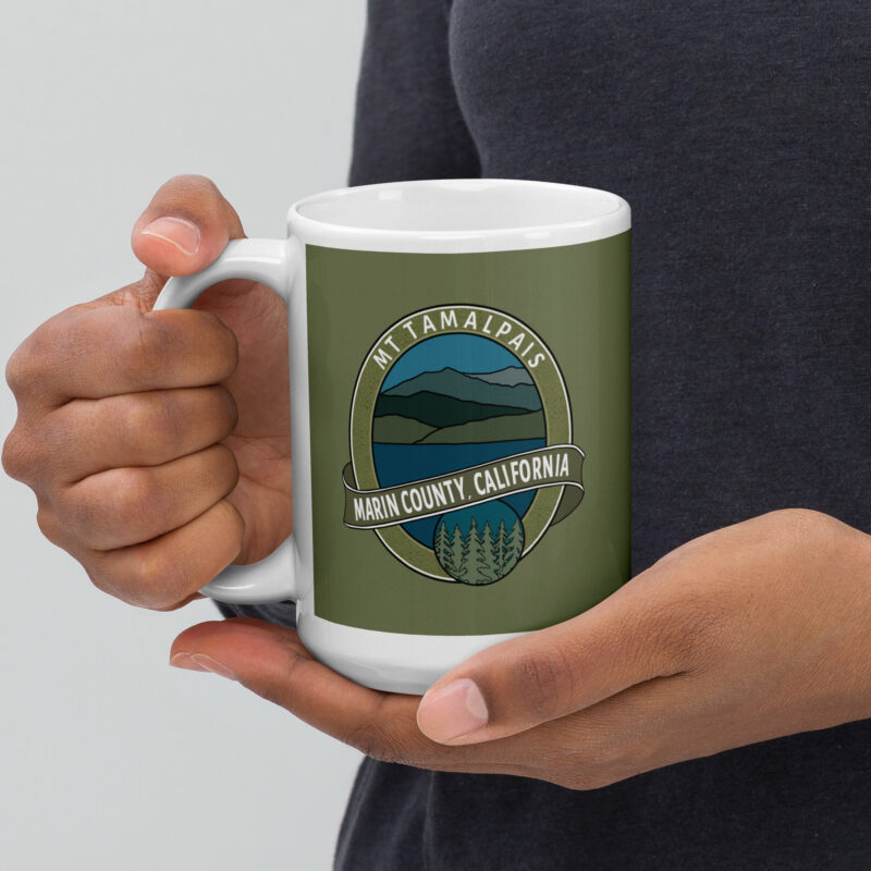 White glossy mug Mt Tamalpais Marin County California Oval Souvenir Design Green
