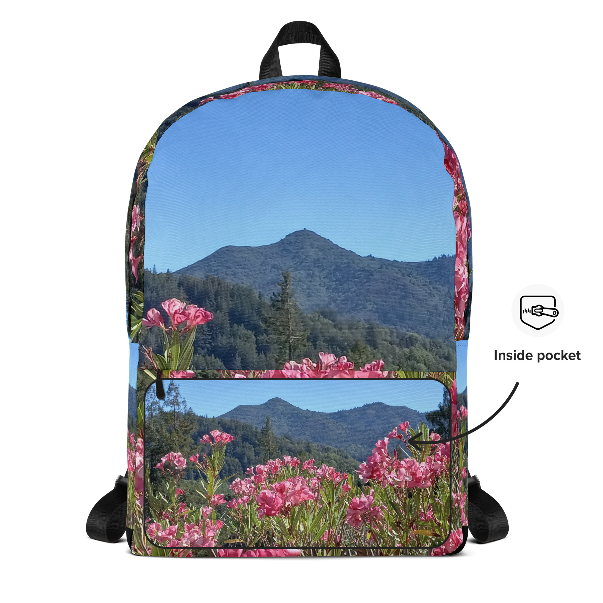 Backpack with Zippered Pocket Mt Tamalpais Pink Flowers - Image 3