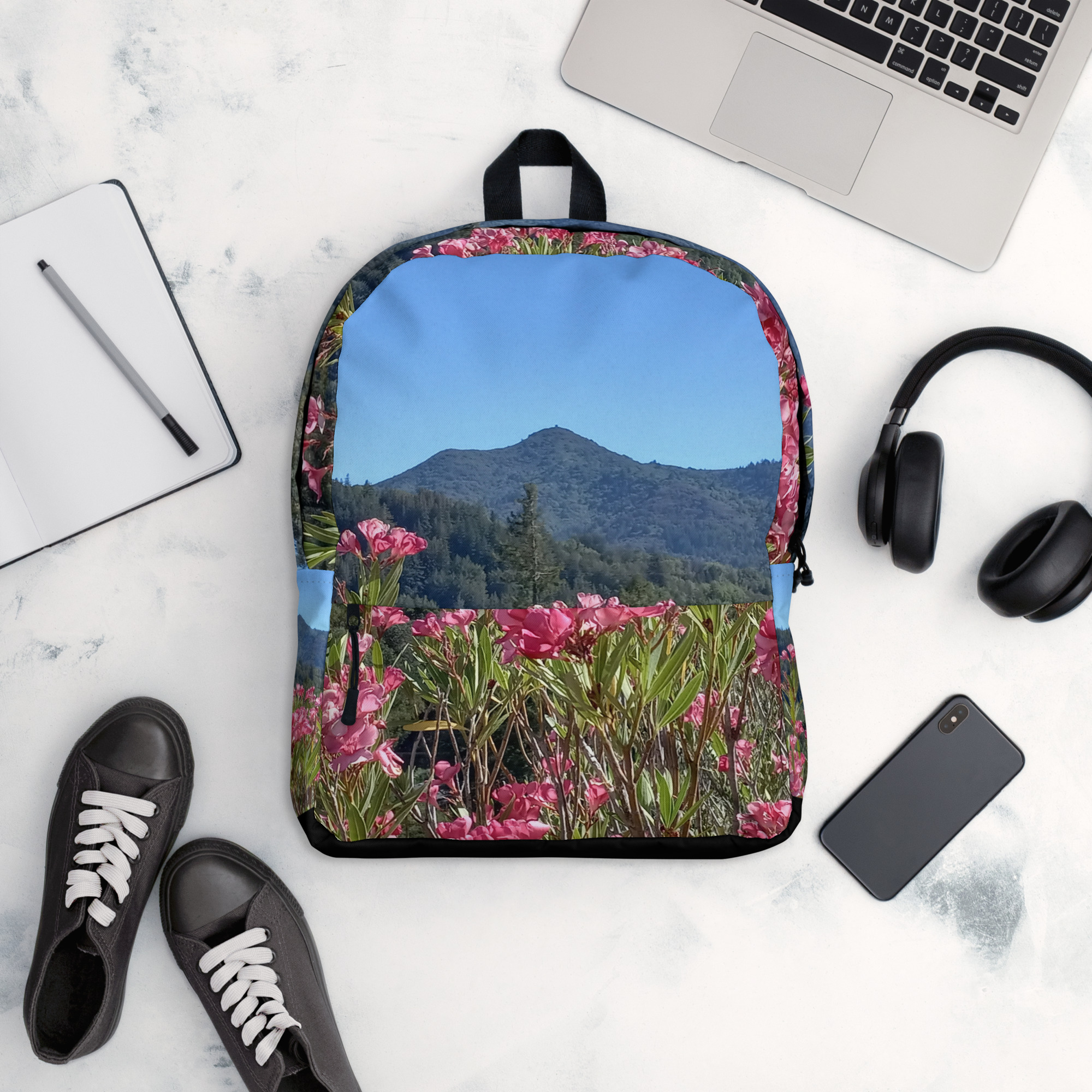 Backpack with Zippered Pocket Mt Tamalpais Pink Flowers