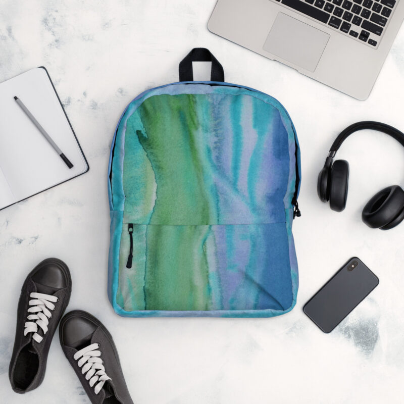 Backpack with Zippered Pocket Blue Green Watercolor Painting Print