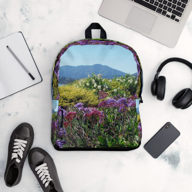 Backpack with Zippered Pocket Mt Tamalpais Purple Flowers