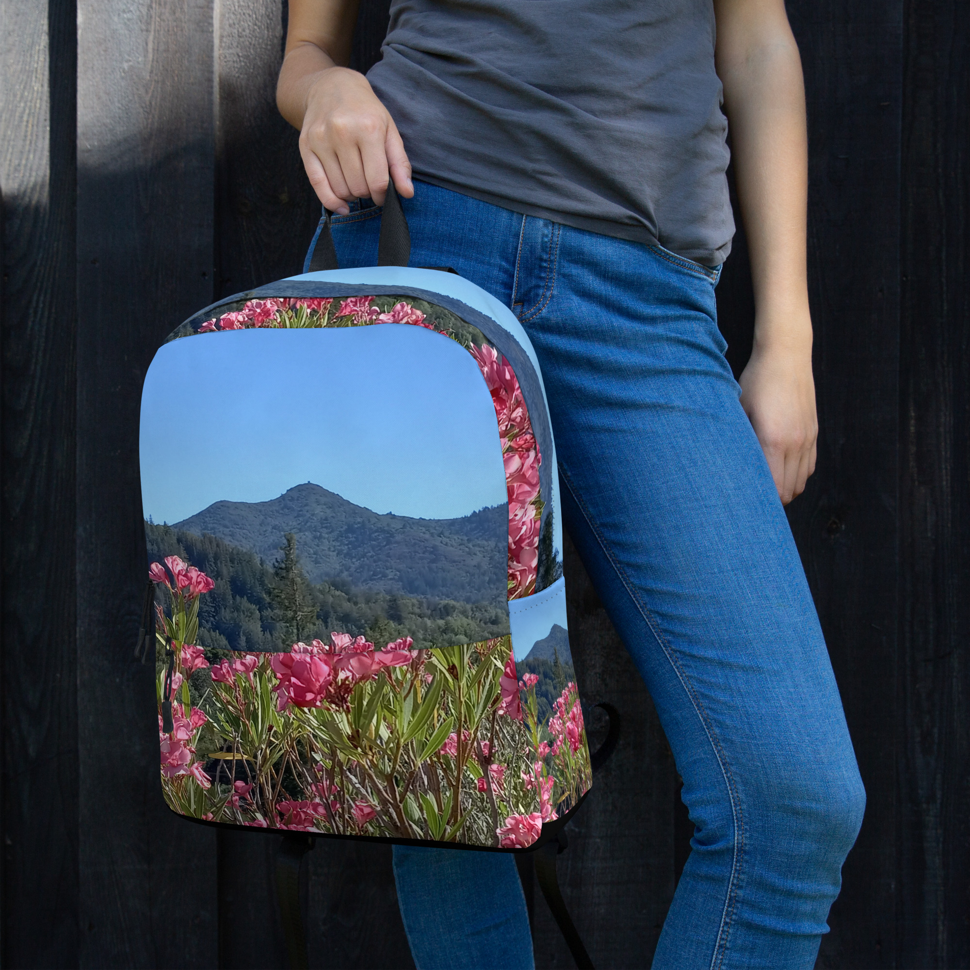 Backpack with Zippered Pocket Mt Tamalpais Pink Flowers - Image 2