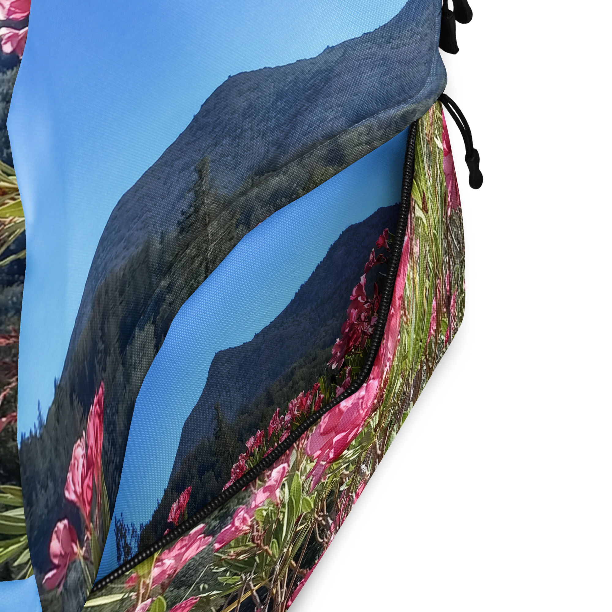 Backpack with Zippered Pocket Mt Tamalpais Pink Flowers - Image 4