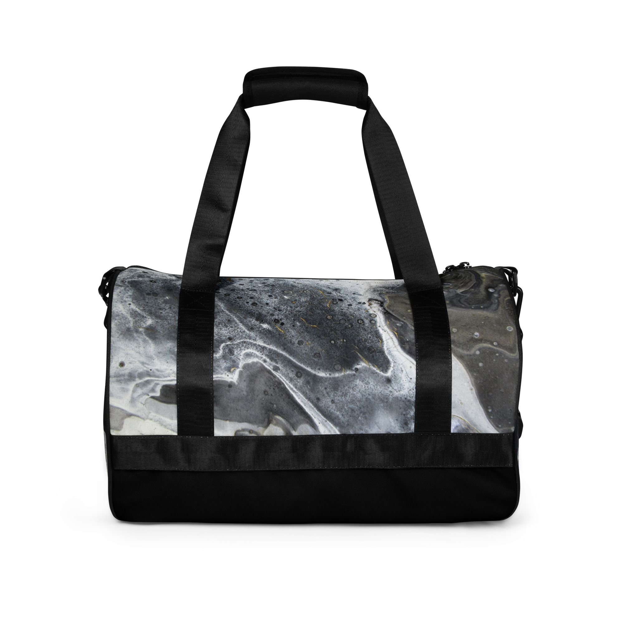 All-over print gym bag Black White Gold Paint Pour Design KT - Image 3