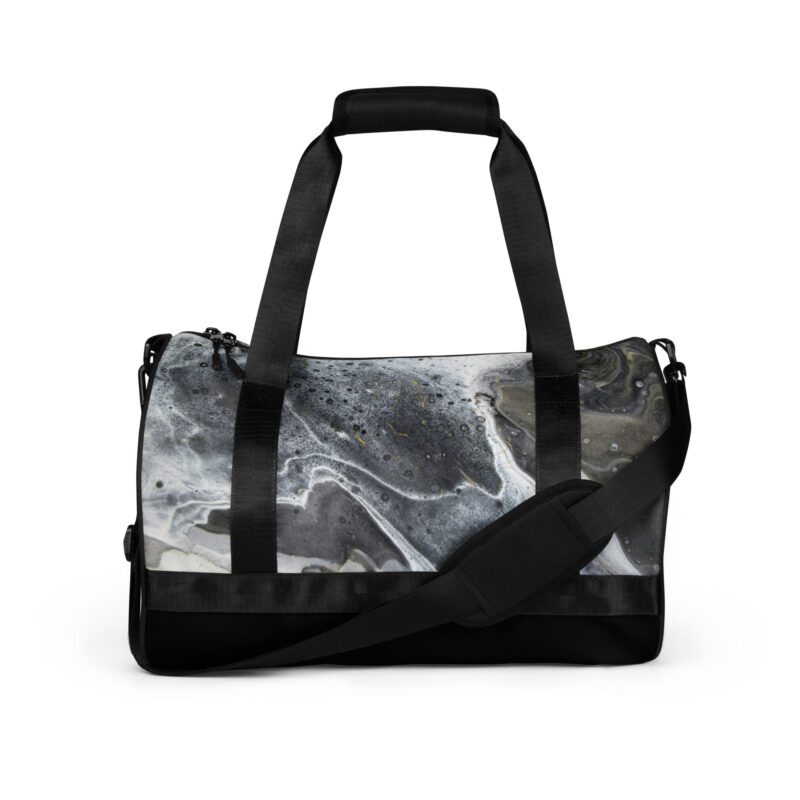 All-over print gym bag Black White Gold Paint Pour Design KT