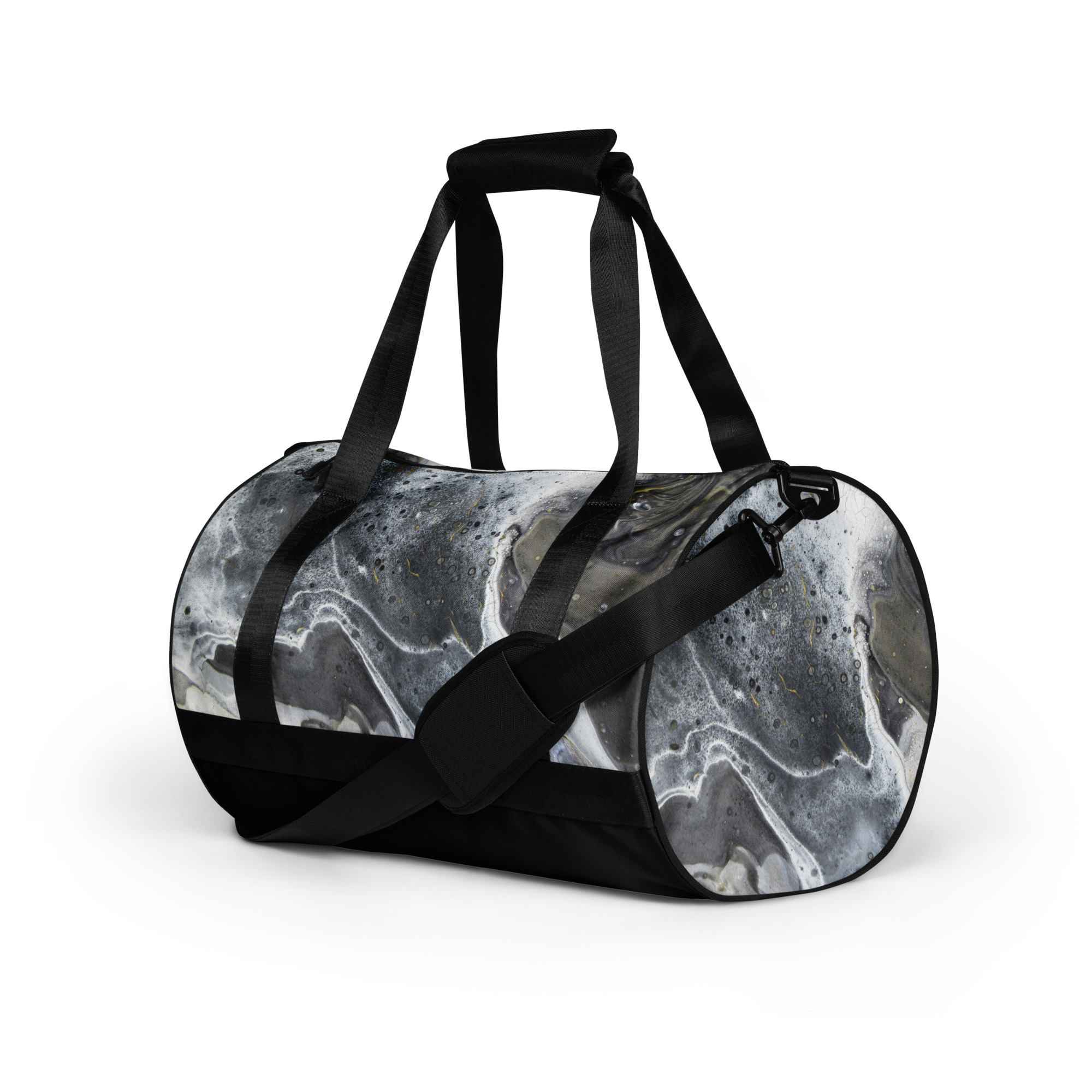 All-over print gym bag Black White Gold Paint Pour Design KT - Image 5