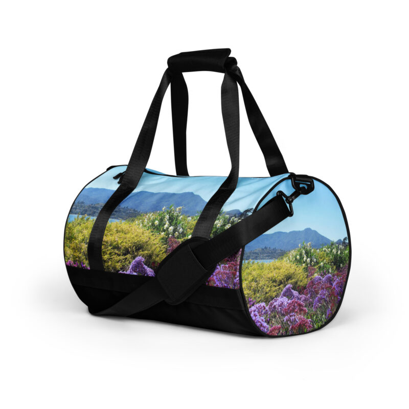 All-over print gym bag Mt Tamalpais Purple and White Flowers