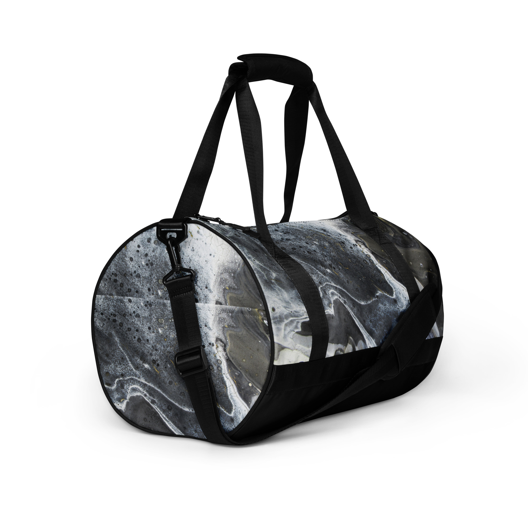 All-over print gym bag Black White Gold Paint Pour Design KT - Image 6
