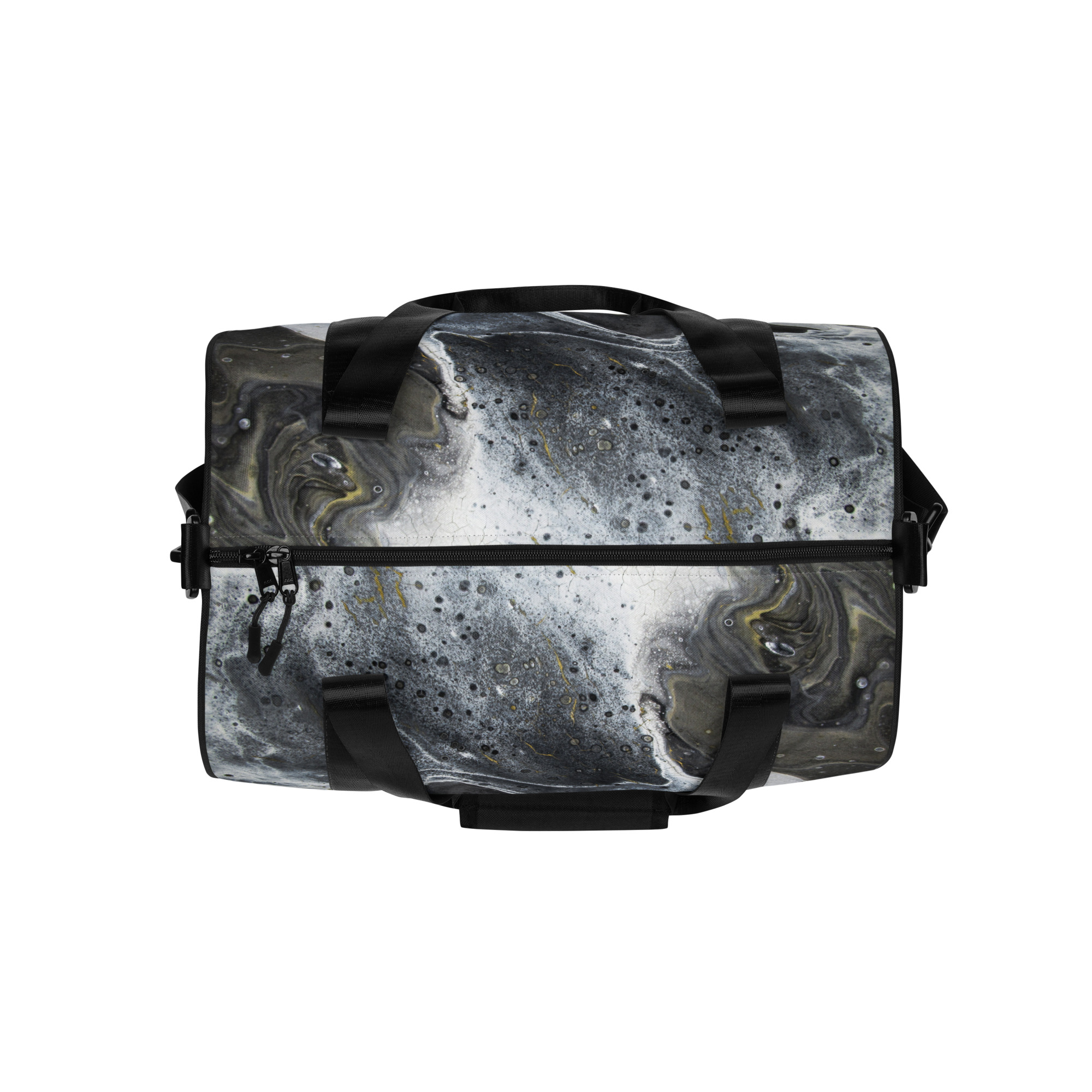 All-over print gym bag Black White Gold Paint Pour Design KT - Image 2