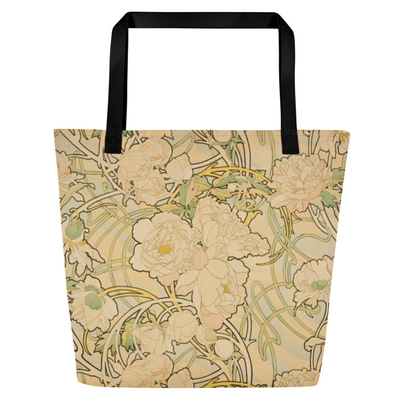 All-Over Print Large Tote Bag Alphonse Mucha Peonies Vintage 1897