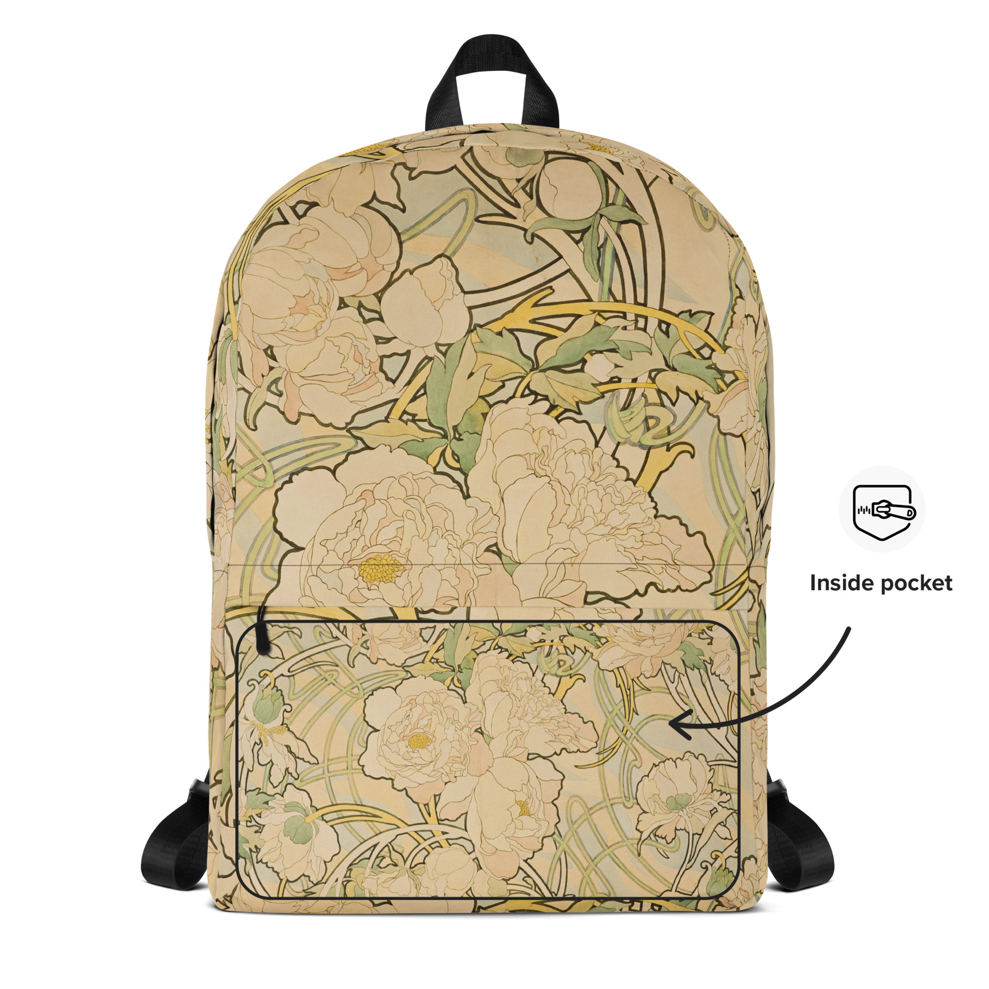 Backpack with Zippered Pocket Alphonse Mucha Peonies Vintage 1897 - Image 10