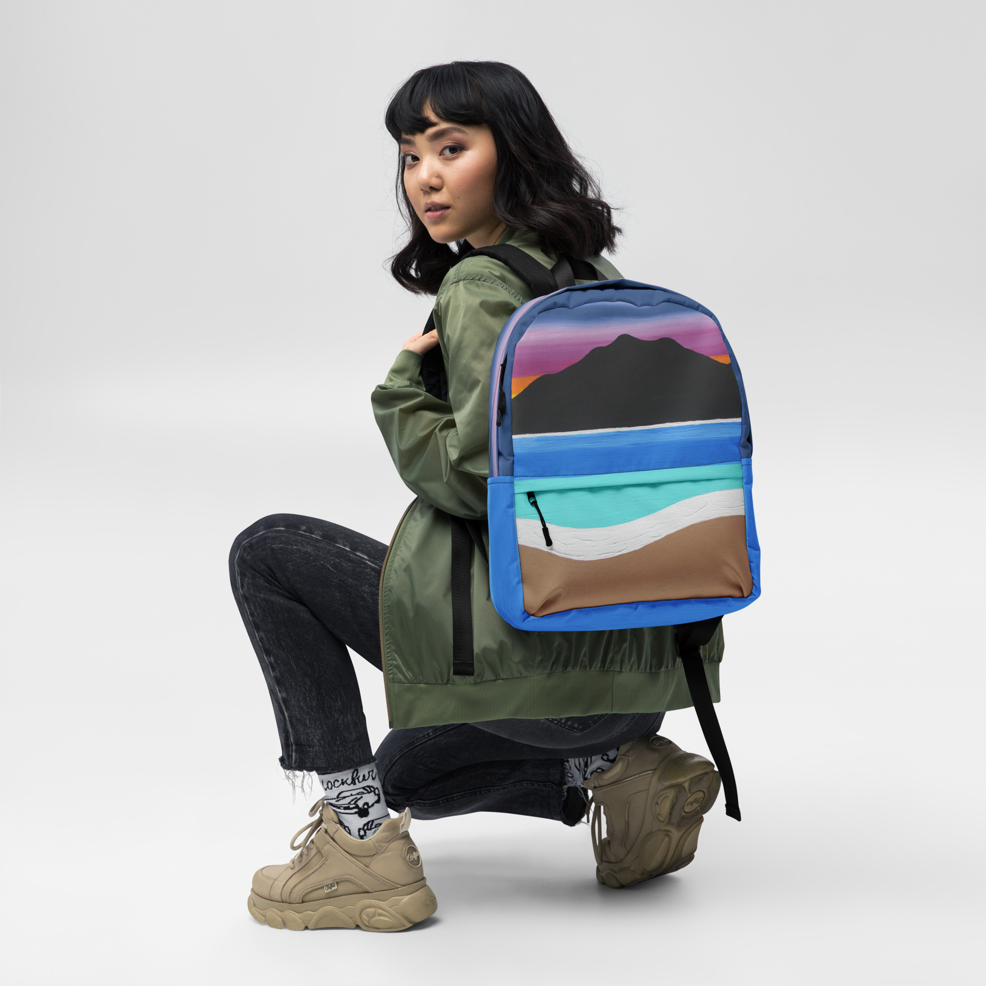 Backpack Zippered Pocket The Sleeping Lady's Serene Twilight Shoreline Mt Tamalpais