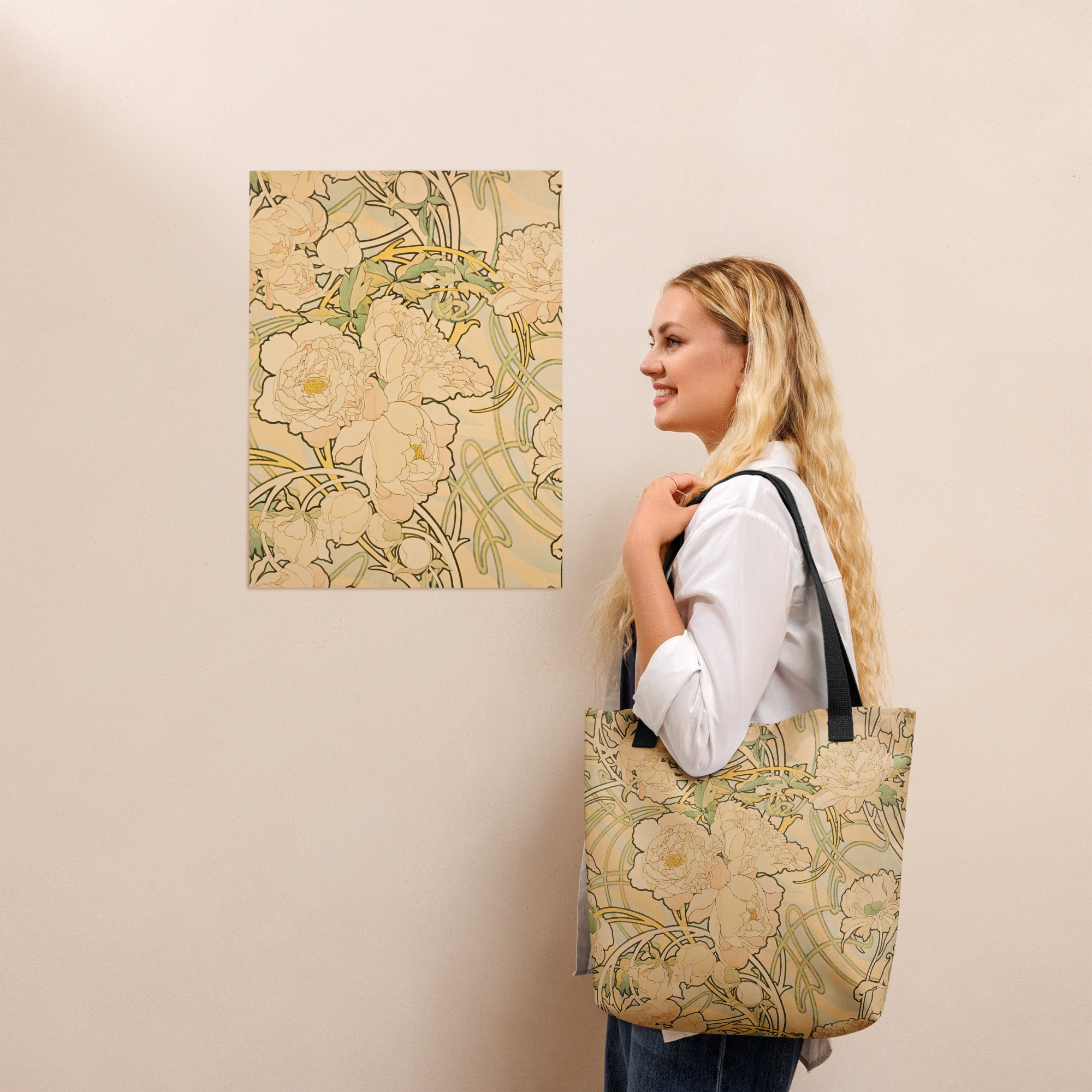 All-Over Print Tote bag Alphonse Mucha Peonies Vintage 1897 15x15