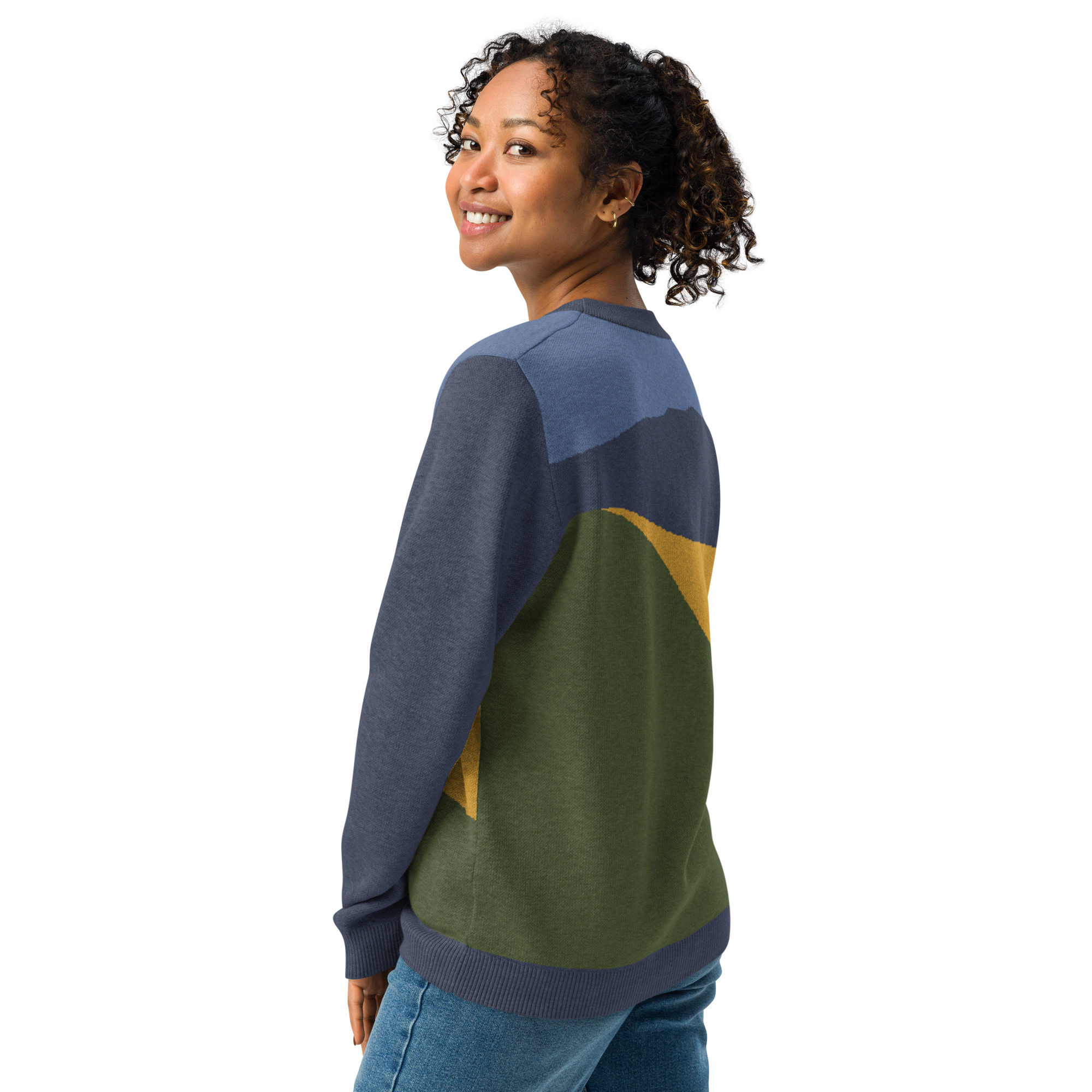 Knitted Mt Tamalpais Marin County California Sweater Unisex - Navy Denim Gold - Image 4