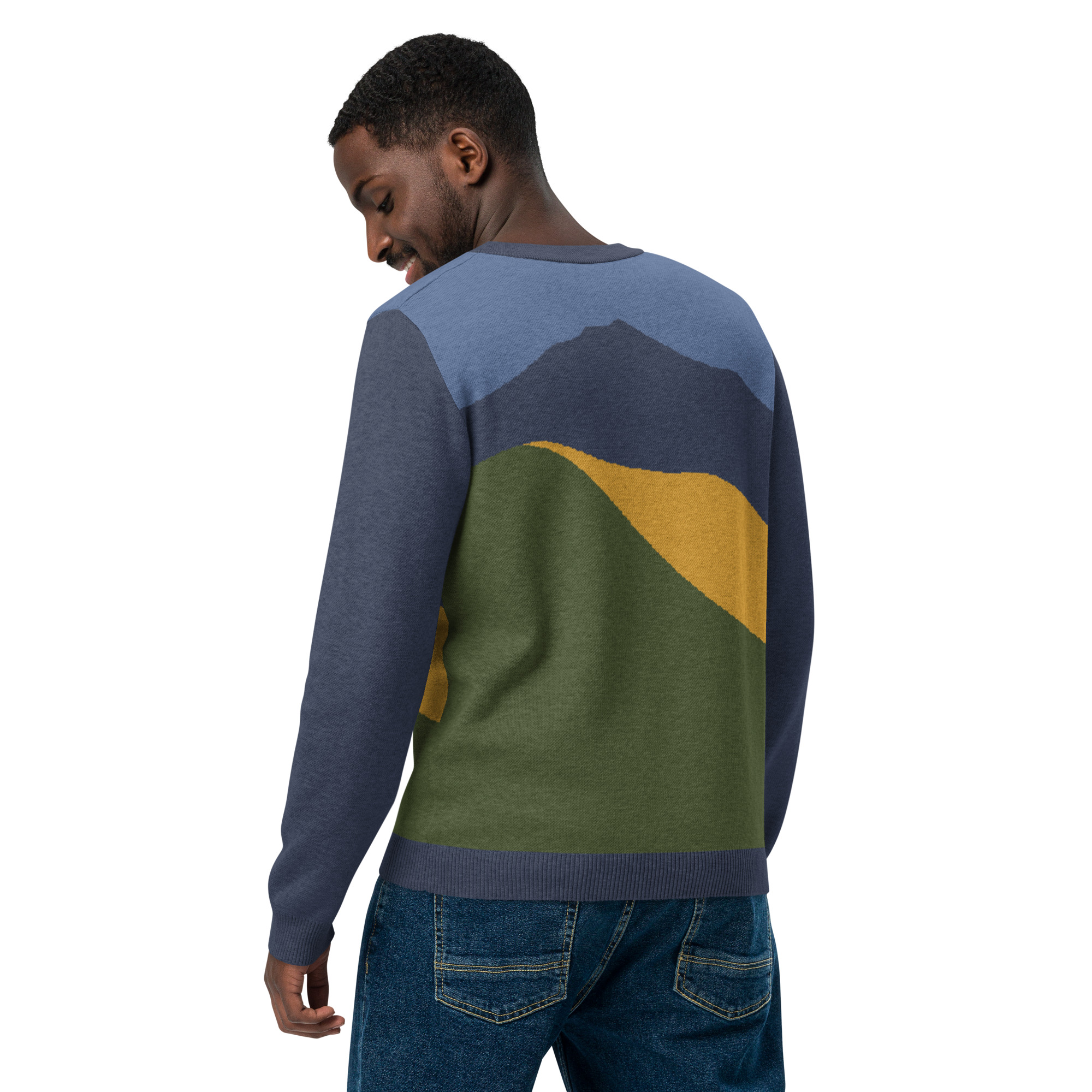 Knitted Mt Tamalpais Marin County California Sweater Unisex - Navy Denim Gold - Image 10