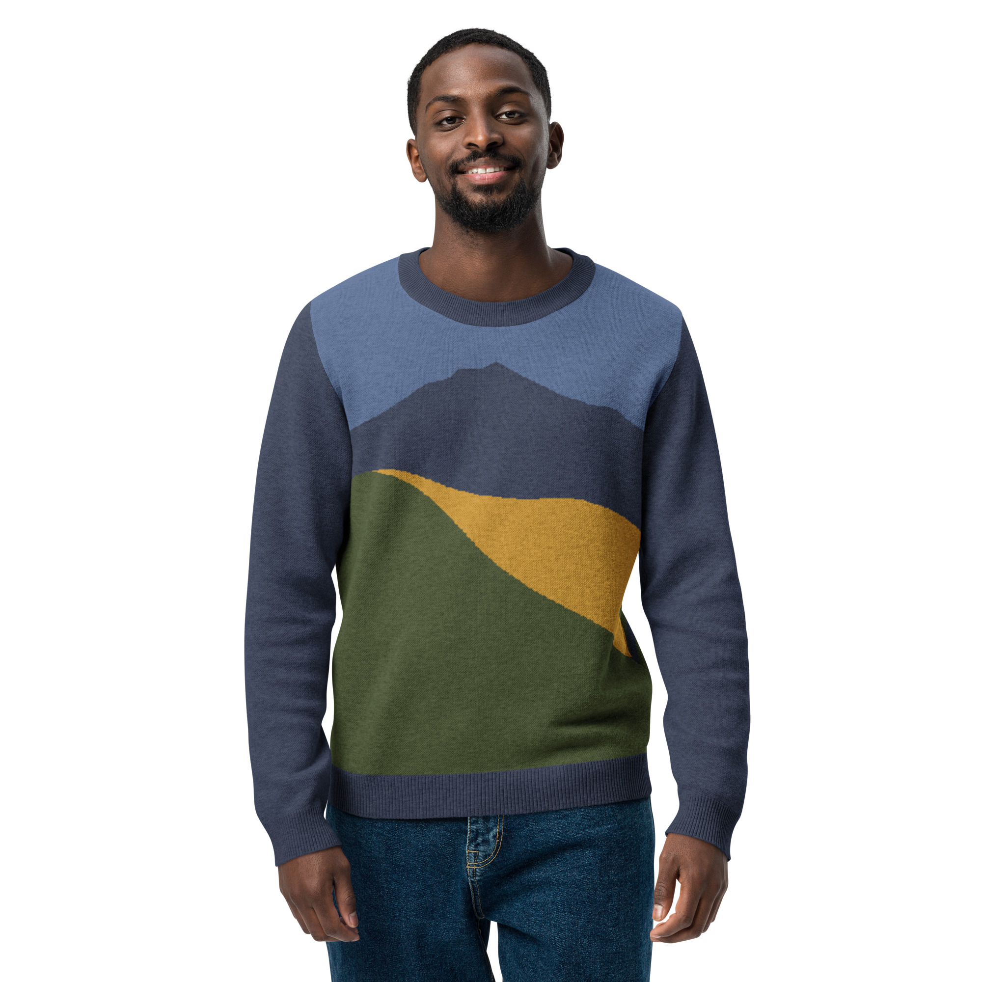 Knitted Mt Tamalpais Marin County California Sweater Unisex - Navy Denim Gold - Image 11