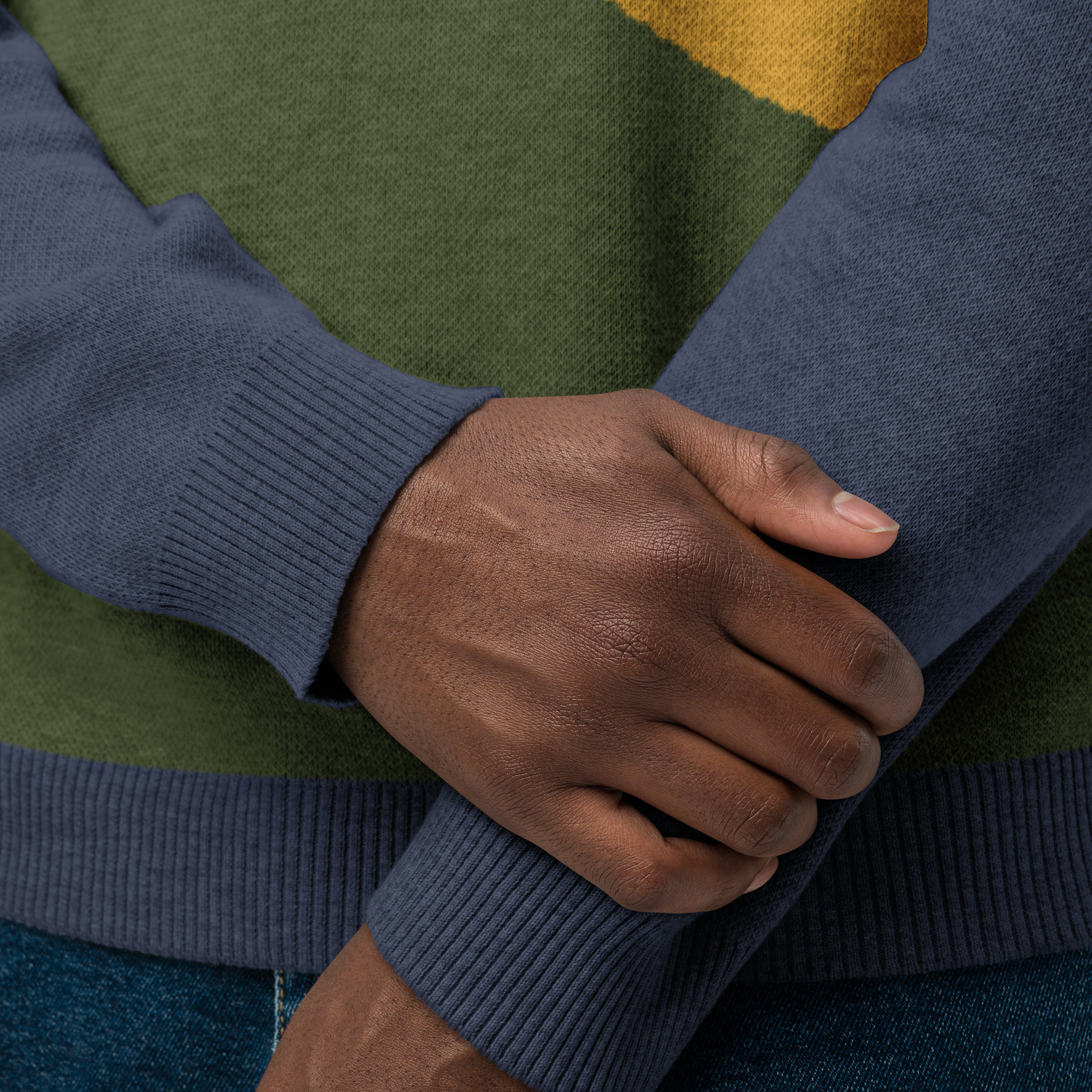 Knitted Mt Tamalpais Marin County California Sweater Unisex - Navy Denim Gold - Image 13