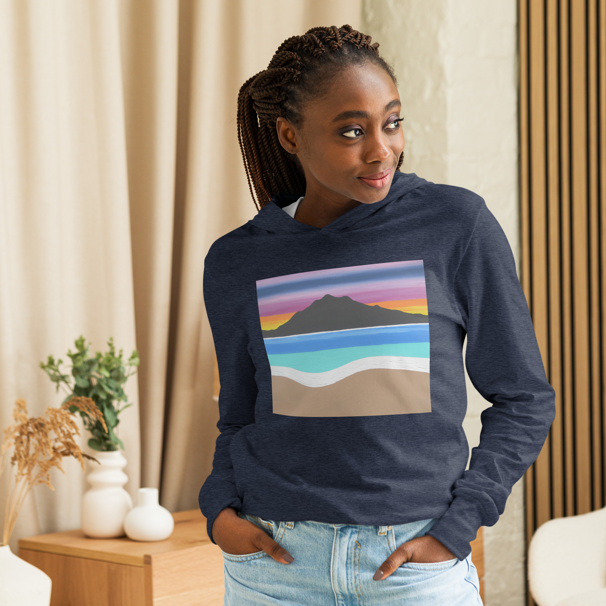 Hooded long-sleeve tee The Sleeping Lady's Serene Twilight Shoreline Mt Tamalpais