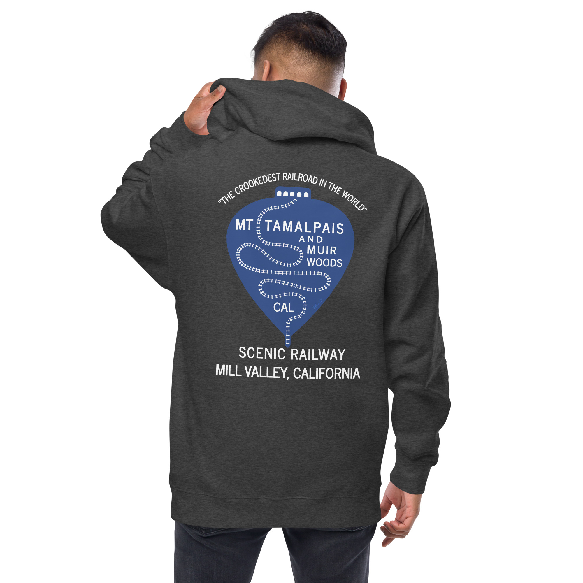 Unisex fleece zip up Crookedest Railroad Mt Tamalpais Muir Woods Marin County California Design on front and back - Image 5