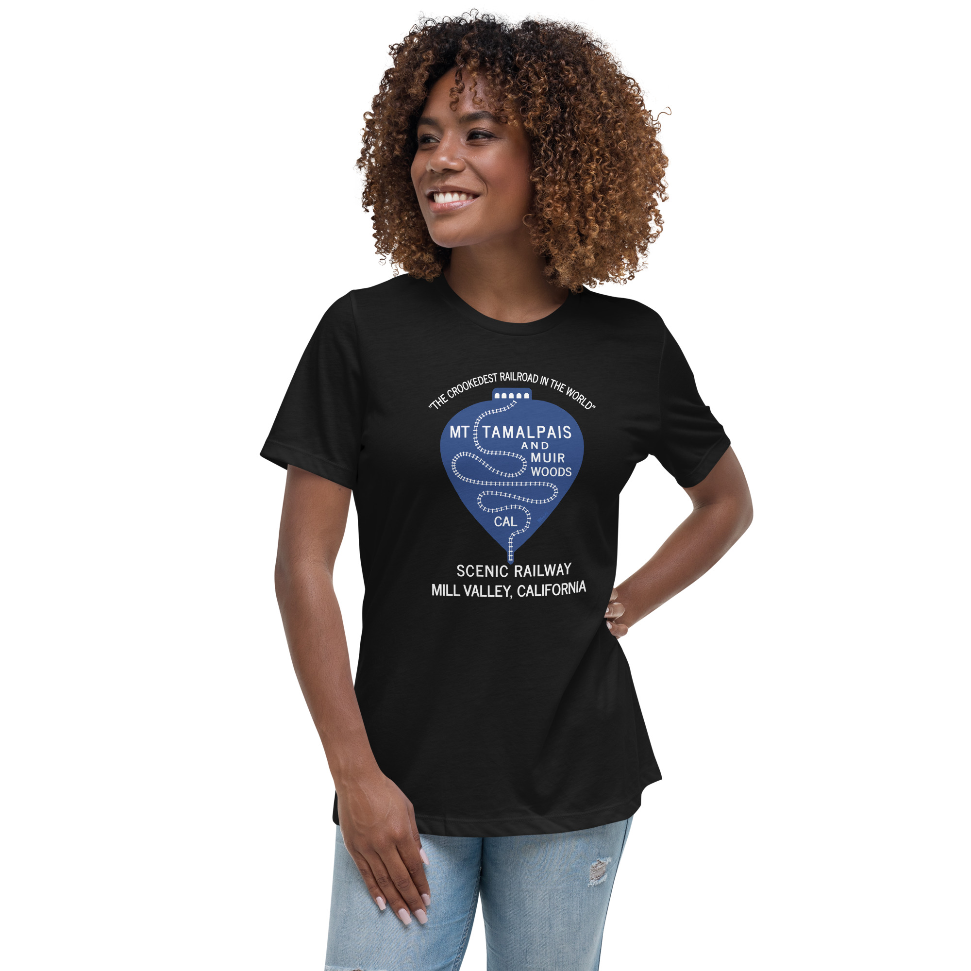 Women's Relaxed T-Shirt Vintage 1911 Crookedest Railroad Mt Tamalpais and Muir Woods California White Text - Image 2