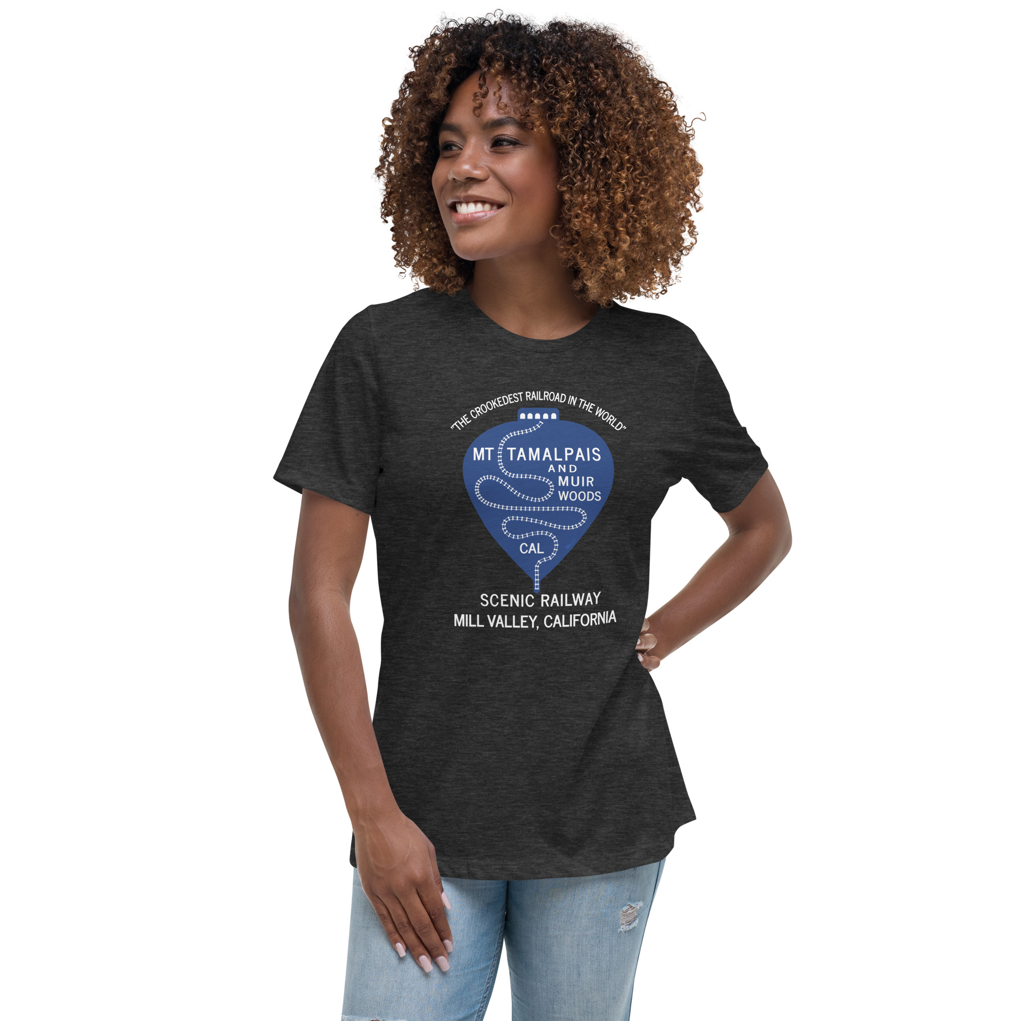 Women's Relaxed T-Shirt Vintage 1911 Crookedest Railroad Mt Tamalpais and Muir Woods California White Text - Image 3