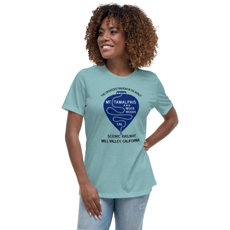 Vintage 1911 Crookedest Railroad Mt Tamalpais and Muir Woods California Women's Relaxed T-Shirt Black Text - print on Front