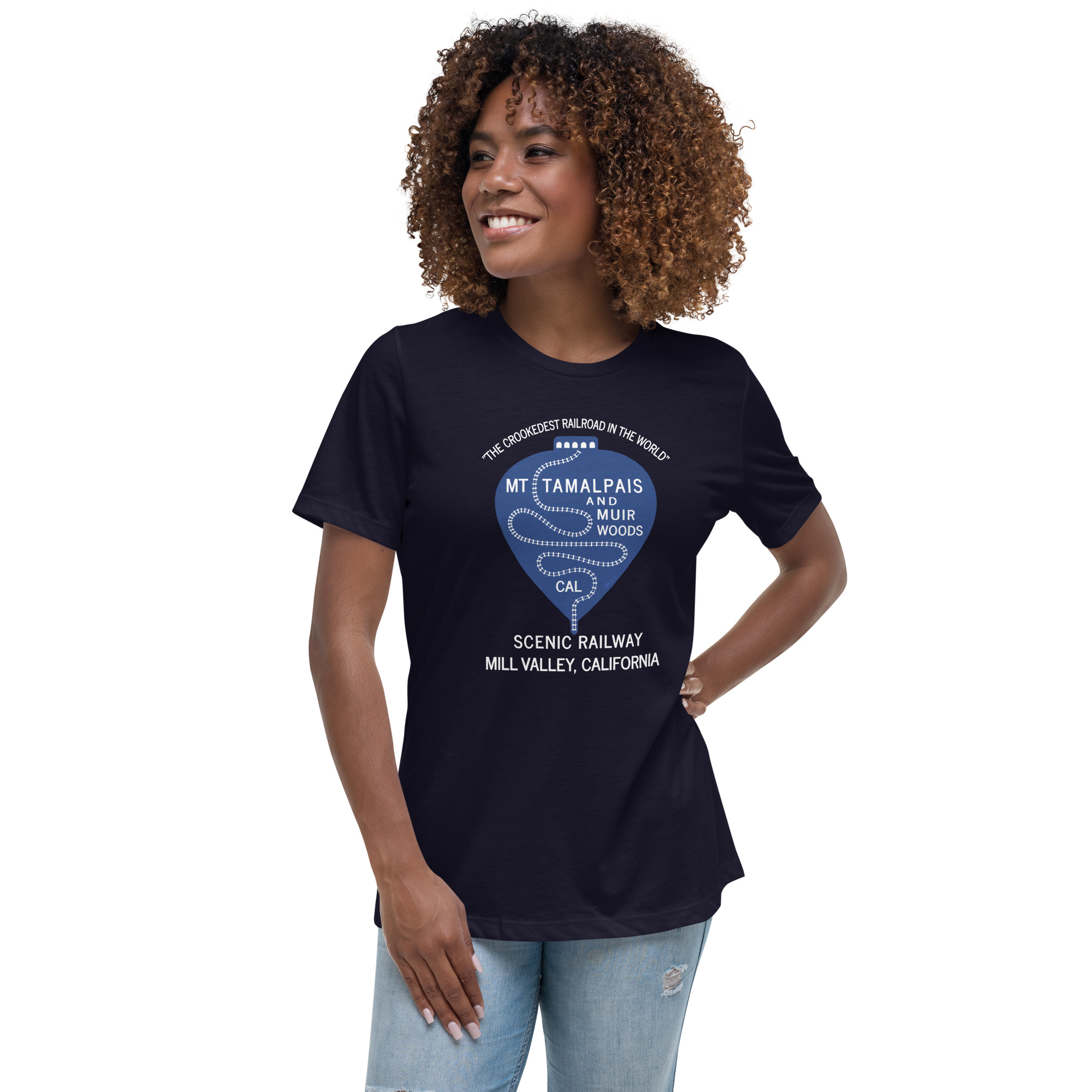 Women's Relaxed T-Shirt Vintage 1911 Crookedest Railroad Mt Tamalpais and Muir Woods California White Text